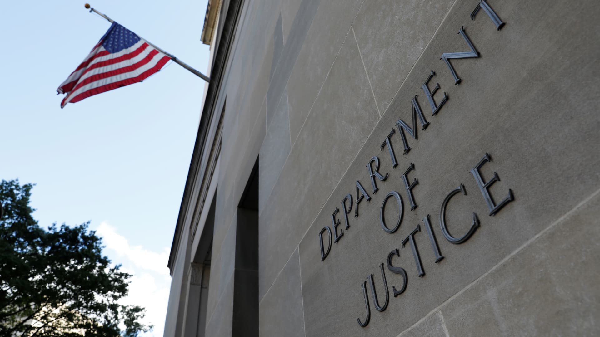 Signage is seen at the United States Department of Justice headquarters in Washington, D.C., August 29, 2020.
