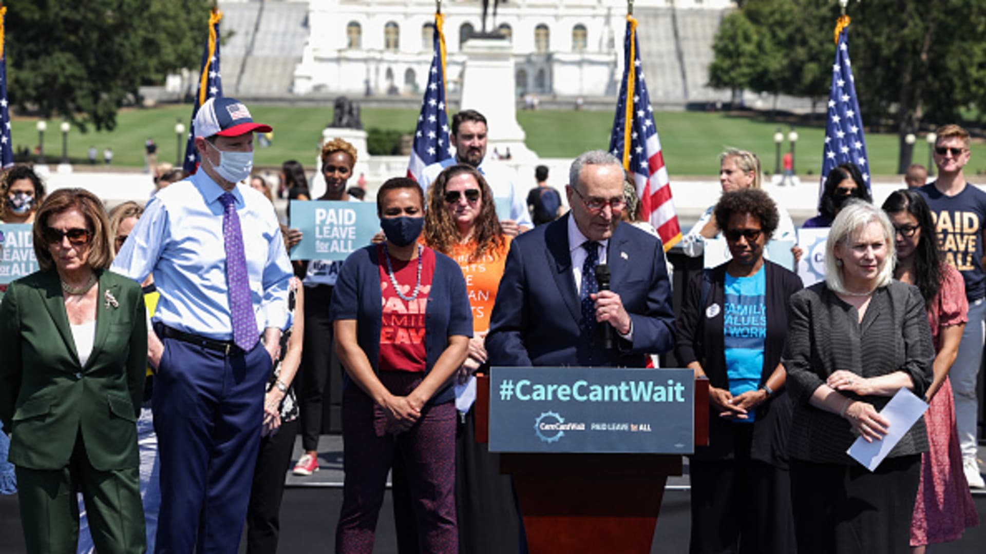 Senate Majority Leader Chuck Schumer, D-N.Y., at a rally organized by the “Paid Leave for All” cross-country bus tour on Aug. 4, 2021 in Washington, D.C.
