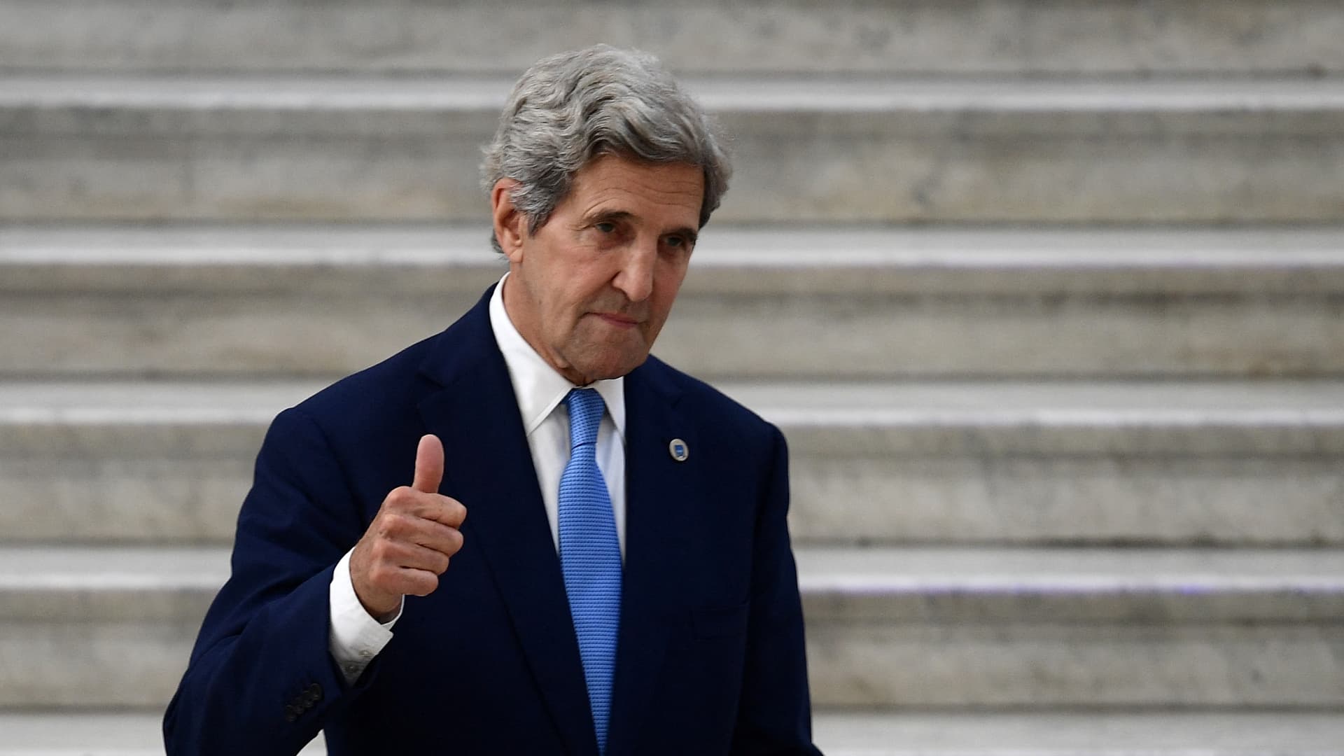 US Special Presidential Envoy for Climate John Kerry whilst meeting with Italy's Ecological Transition Minister Roberto Cingolani at Palazzo Reale for the climate and energy G20 meeting in the historical centre of Naples on July 23, 2021.