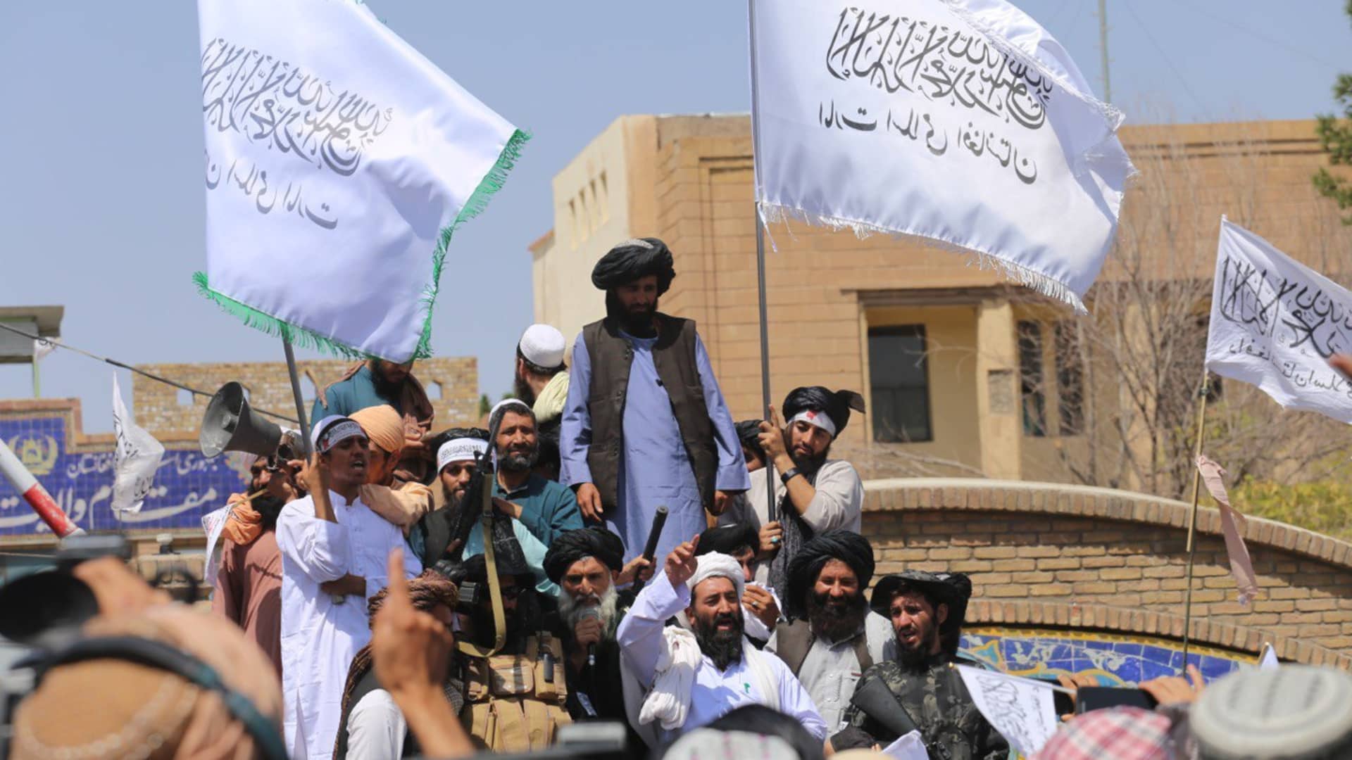 Taliban members gather and make speeches in front of Herat governorate after the completion of the U.S. withdrawal from Afghanistan, in Herat, Afghanistan on August 31, 2021.