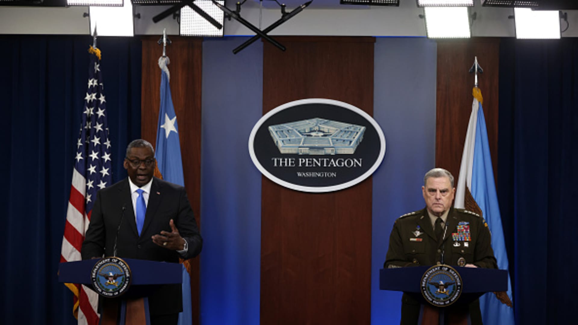 Secretary of Defense Lloyd Austin and Chairman of Joint Chiefs of Staff Gen. Mark Milley participate in a news briefing at the Pentagon July 21, 2021 in Arlington, Virginia.