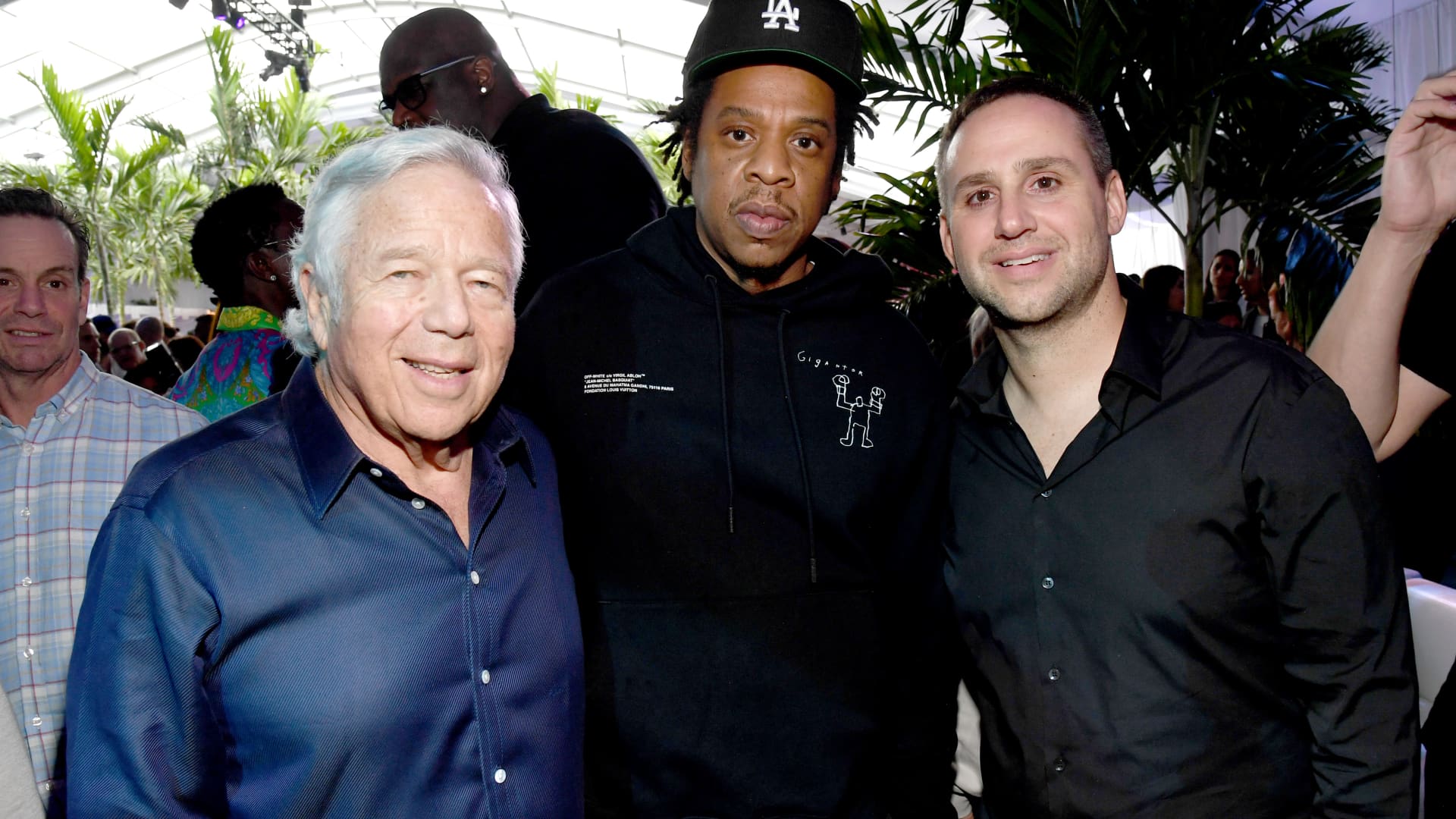 Robert Kraft, Jay-Z and Mike Rubin attend Michael Rubin's Fanatics Super Bowl Party at Loews Miami Beach Hotel on February 01, 2020 in Miami Beach, Florida.