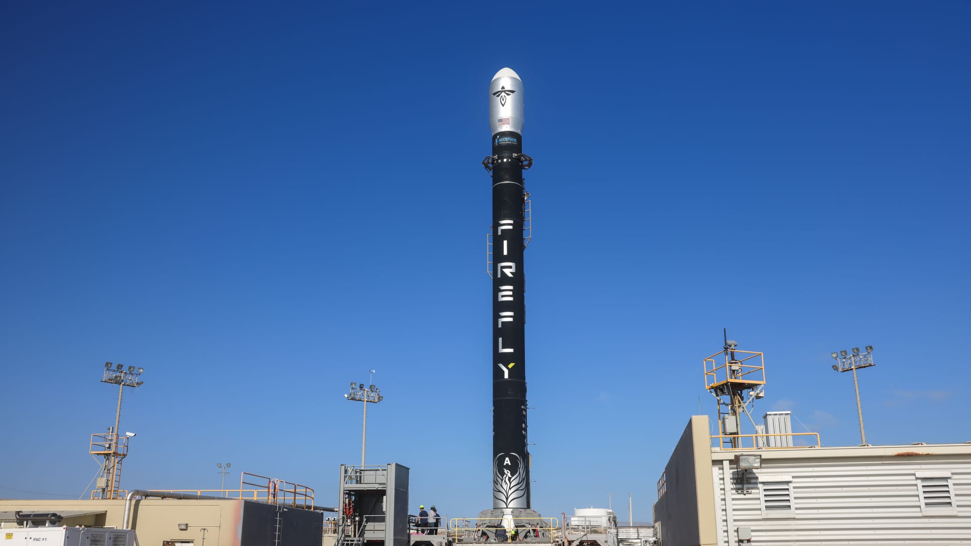 Firefly Aerospace's Alpha rocket stands on the launchpad at Vandenberg Space Force Base in California on September 2, 2021.