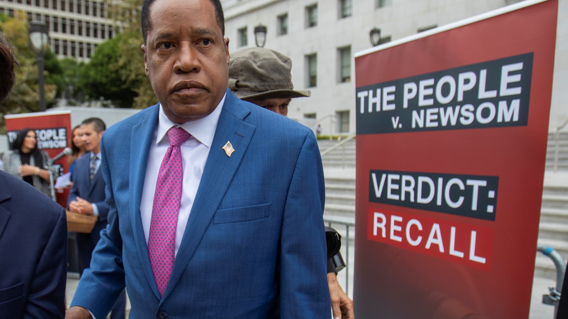 Republican gubernatorial recall candidate Larry Elder campaigns against current California Governor Gavin Newsom during the recall election for California governor in Los Angeles, California, September 2, 2021.