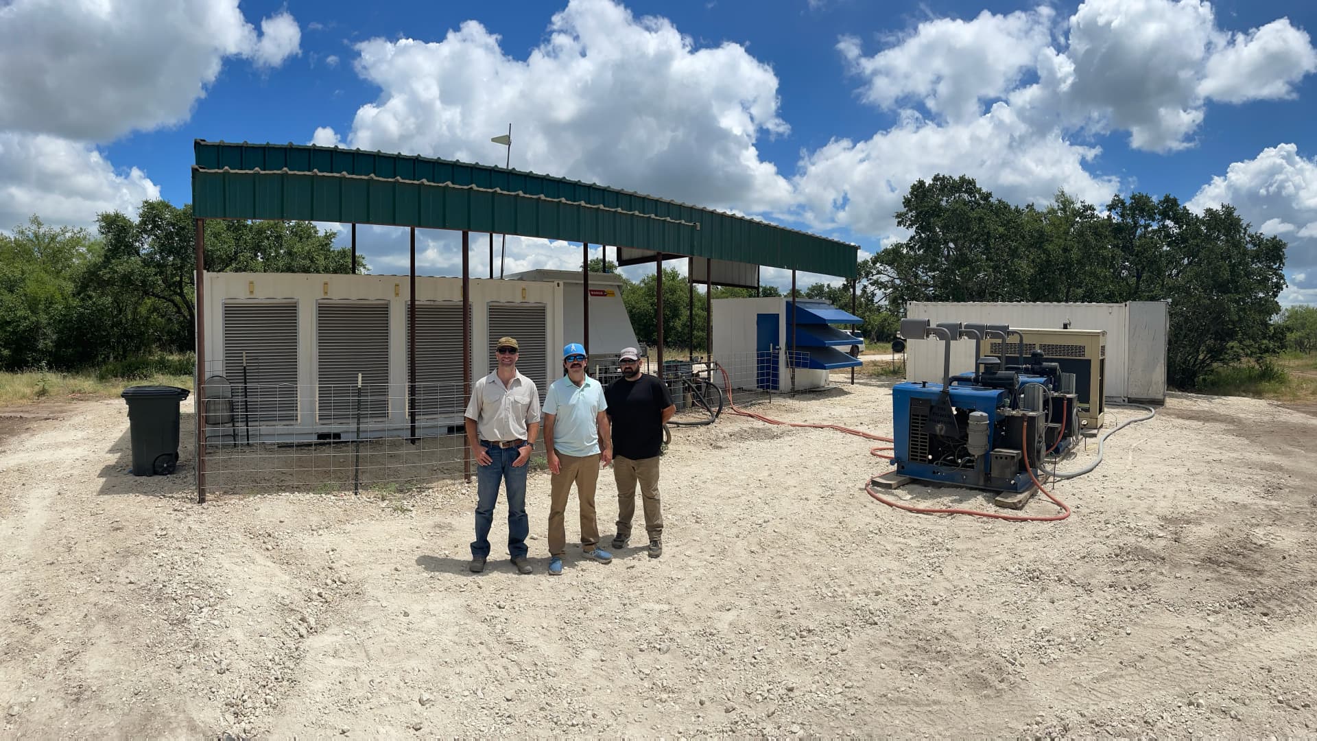 Oilmen, turned bitcoin miners, Griffin Haby with Conner Murphree and Jordan Kuntz at one of their bitcoin mining sites in Texas.