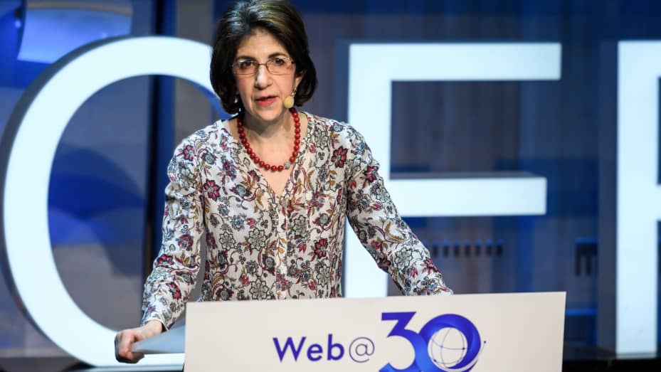European Centre for Nuclear Research (CERN) director general Fabiola Gianotti delivers a speech during an event marking the 30th anniversary of World Wide Web, on March 12, 2019 at the CERN in Meyrin near Geneva.