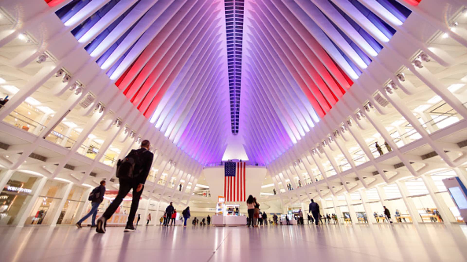 The Oculus transit hub at One World Trade Center turns on its new LED lights in red, white and blue in honor of Veterans Day on November 10, 2020 in New York City.