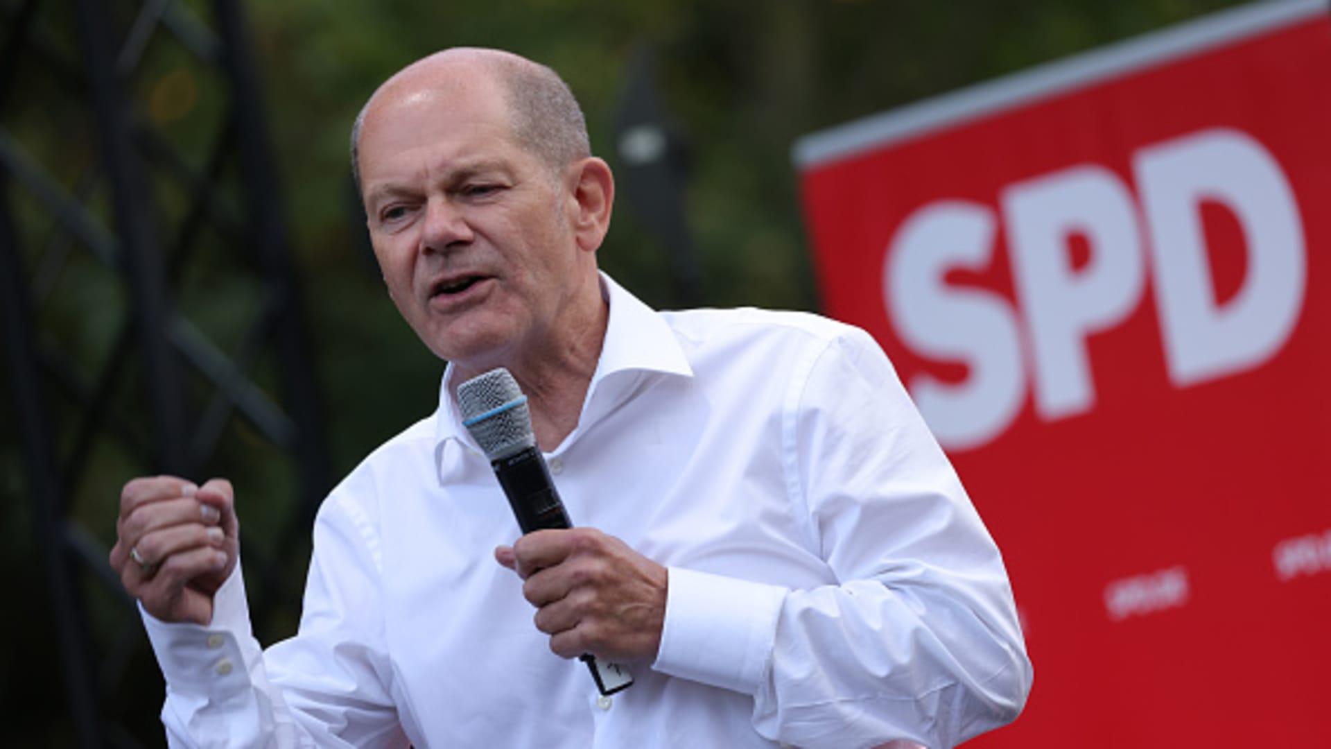Olaf Scholz, chancellor candidate of the German Social Democrats (SPD), speaks at an election campaign rally on September 05, 2021 in Leipzig, Germany. Scholz currently has an ample lead over his main rival, Armin Laschet of the Christian Democrats (CDU/CSU), ahead of federal parliamentary elections scheduled for September 26.