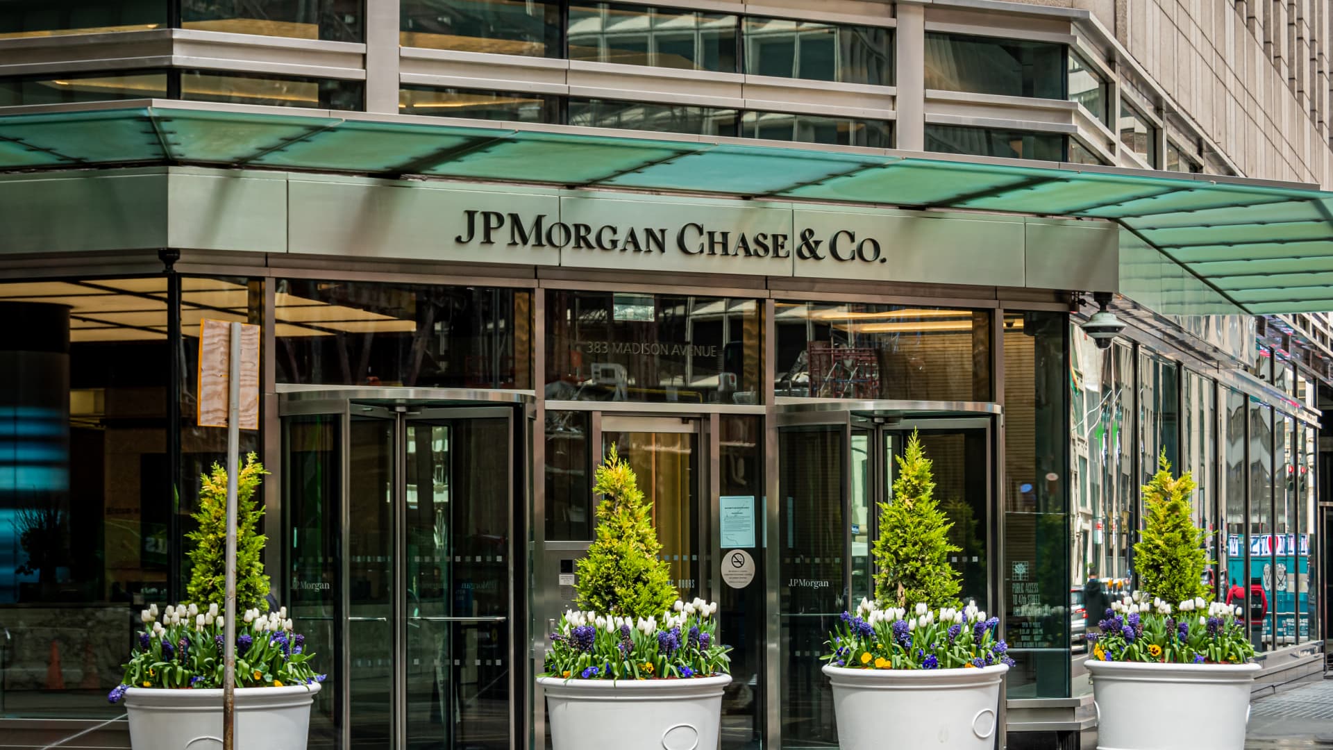 The main entrance at JPMorgan's headquarters in New York City.