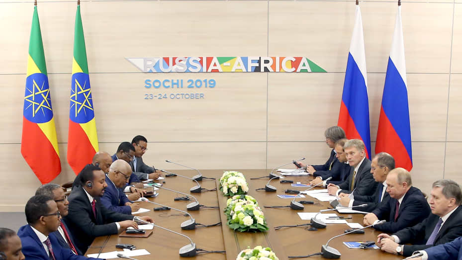 SOCHI, RUSSIA - OCTOBER 23, 2019: Ethiopia' Prime Minister Abiy Ahmed (4th L) and Russia's President Vladimir Putin (2nd R) during Russian-Ethiopian talks on the sidelines of the 2019 Russia-Africa Summit at the Sirius Park of Science and Art.