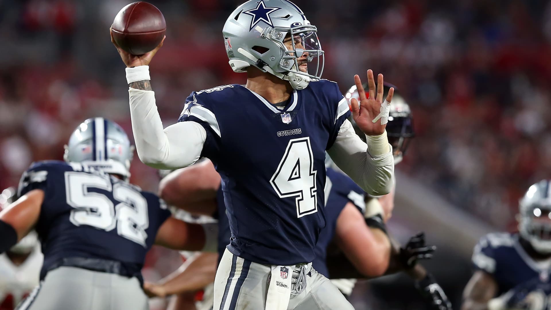 Dallas Cowboys Quarterback Dak Prescott (4) throws a pass during the regular season game between the Dallas Cowboys and the Tampa Bay Buccaneers on September 09, 2021 at Raymond James Stadium in Tampa, Florida.