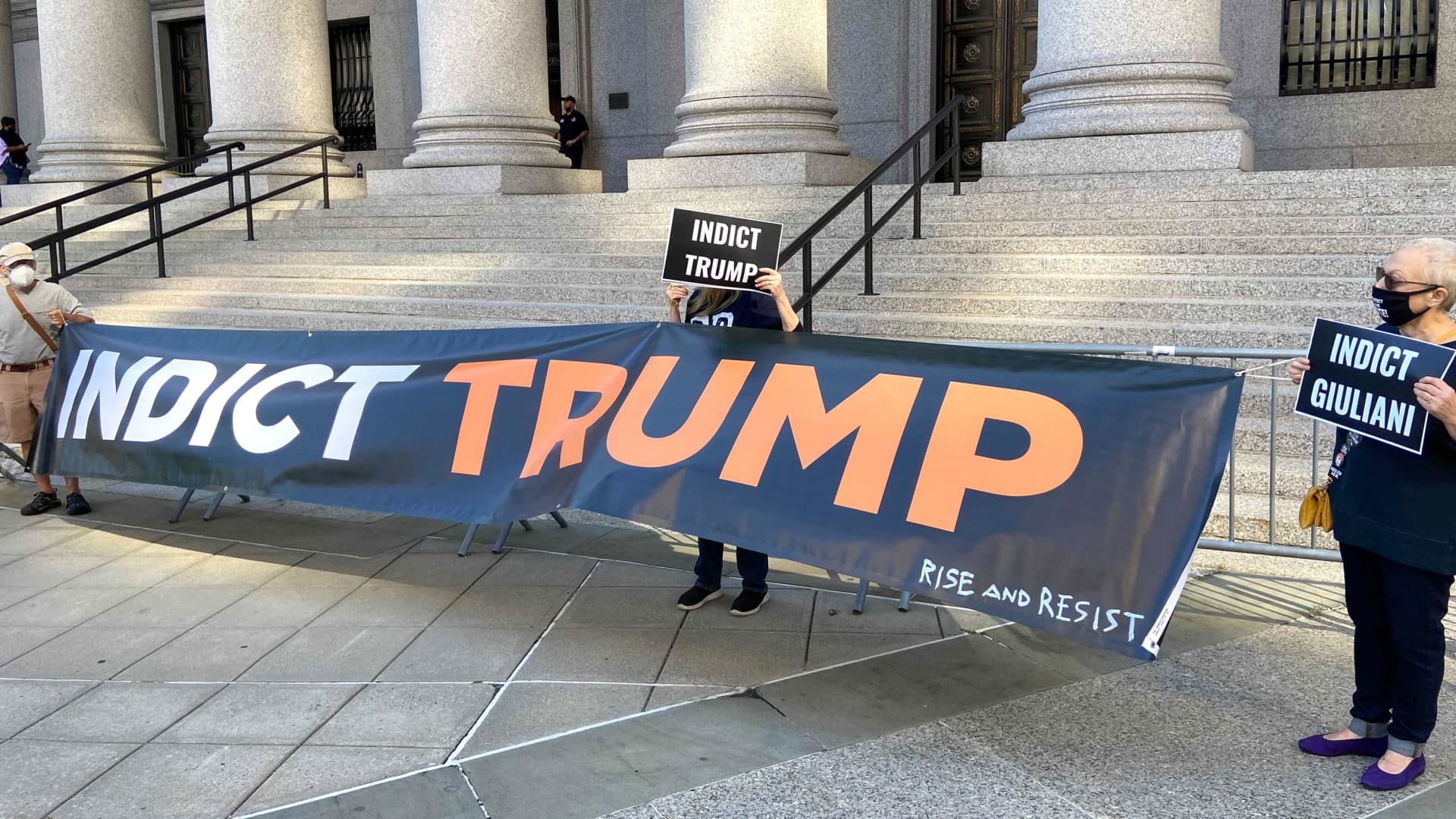 Protest against Donald Trump by Rise and Resist outside the U.S. District Court in New York, September 10. 2021.