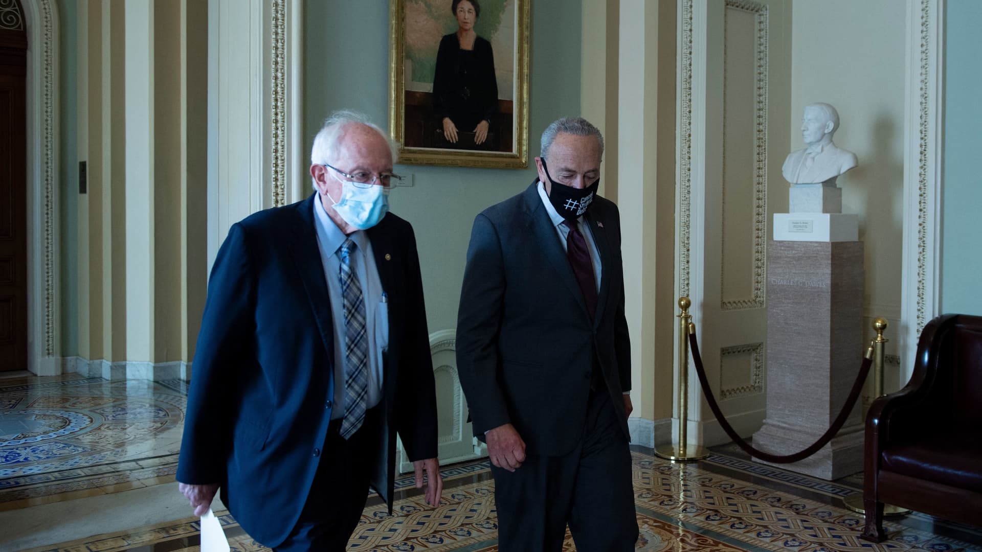 Sen. Bernie Sanders, I-VT, and Senate Majority Leader Chuck Schumer, D-NY, on Capitol Hill on Aug. 9, 2021.
