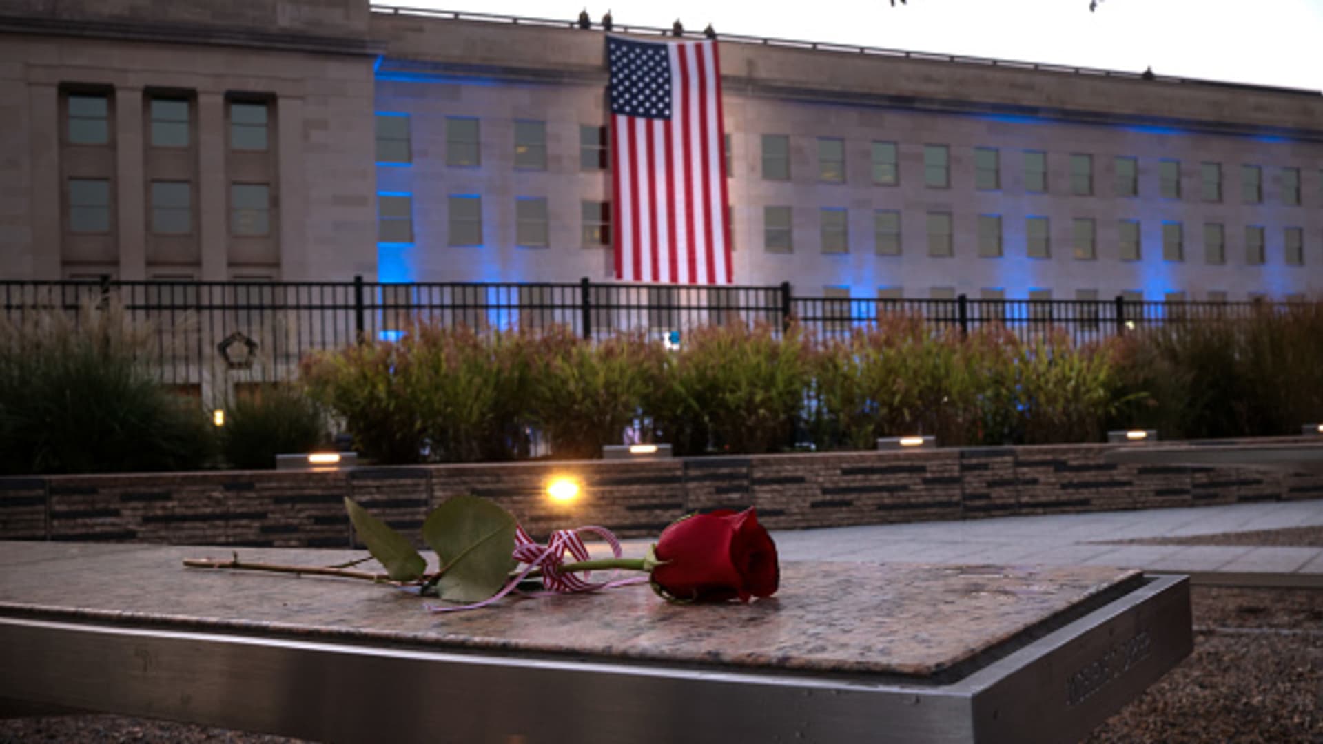A rose lays on a bench at the National 9/11 Pentagon Memorial on September 11, 2021 in Arlington, Virginia.