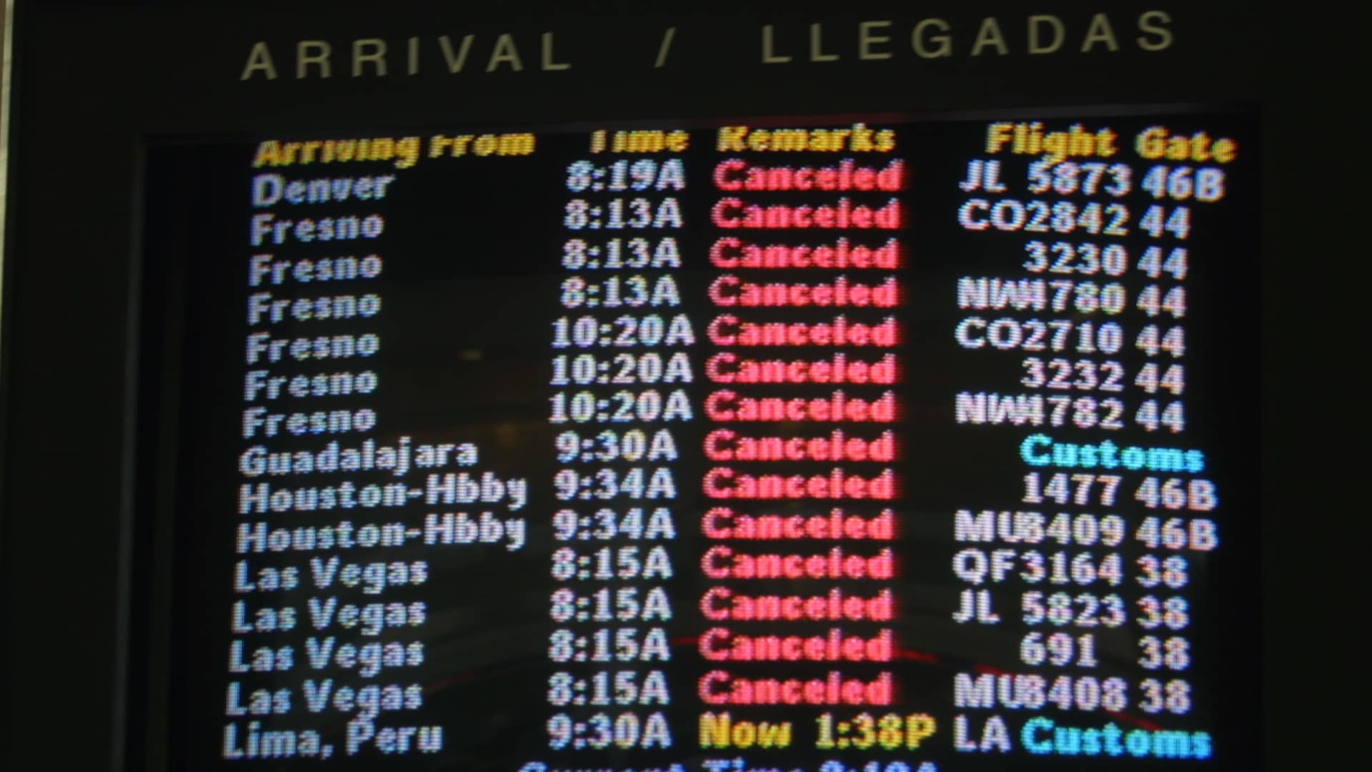 Cancelled flights are displayed on monitors at the Los Angeles Airport terminal September 10, 2001 in Los Angeles, CA.