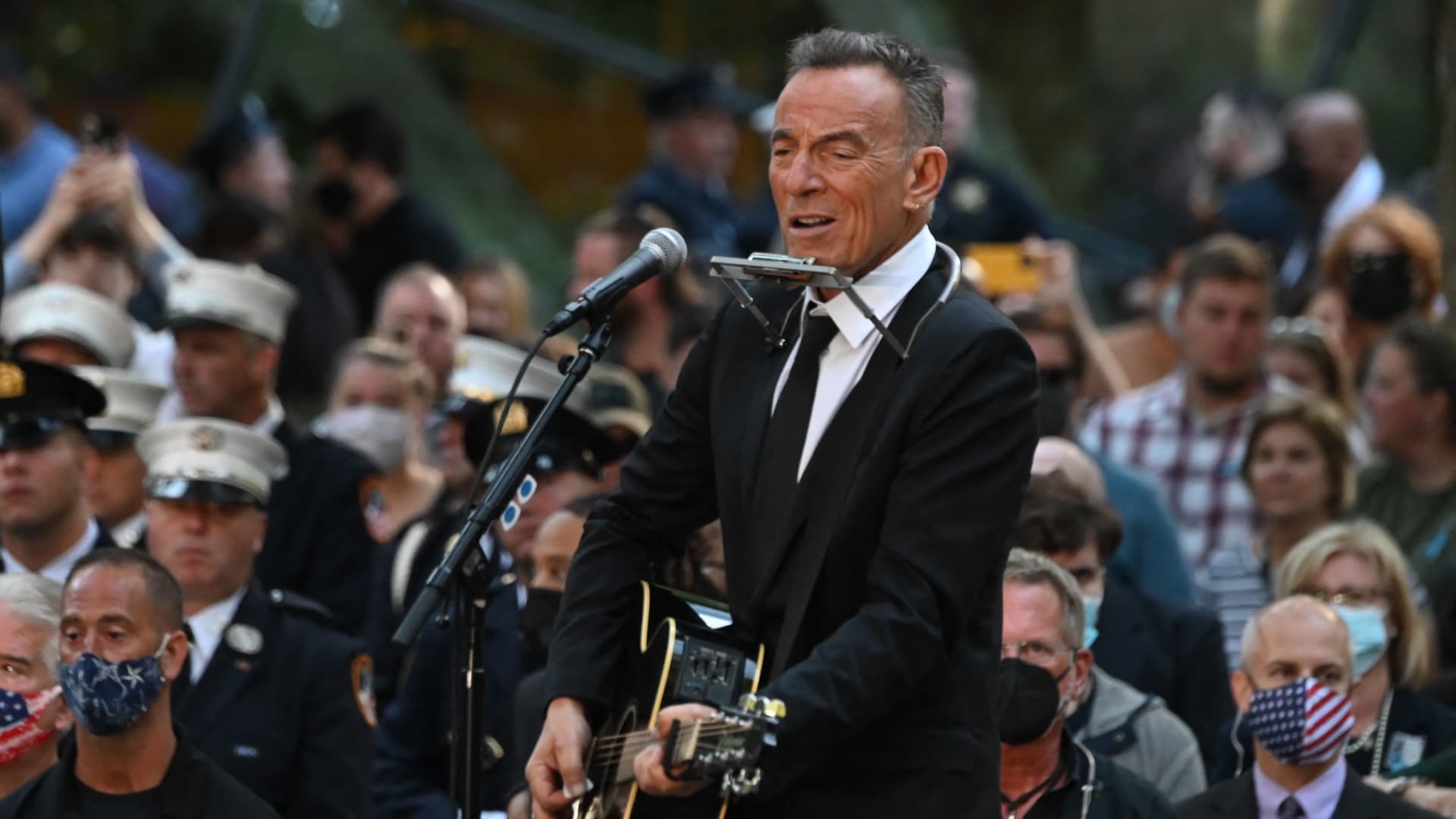 US musician Bruce Springsteen performs a song during a ceremony commemorating the 20th anniversary of the 9/11 attacks on the World Trade Center, in New York, on September 11, 2021.