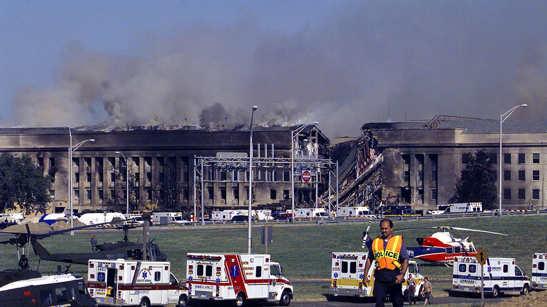 Smoke and flames rise over the Pentagon at about 10 a.m. following the September 11, 2001 terrorist attack.