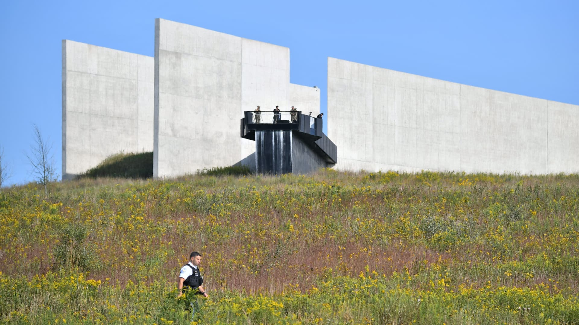 Security is seen during a 9/11 commemoration at the Flight 93 National Memorial in Shanksville, Pennsylvania on September 11, 2021.