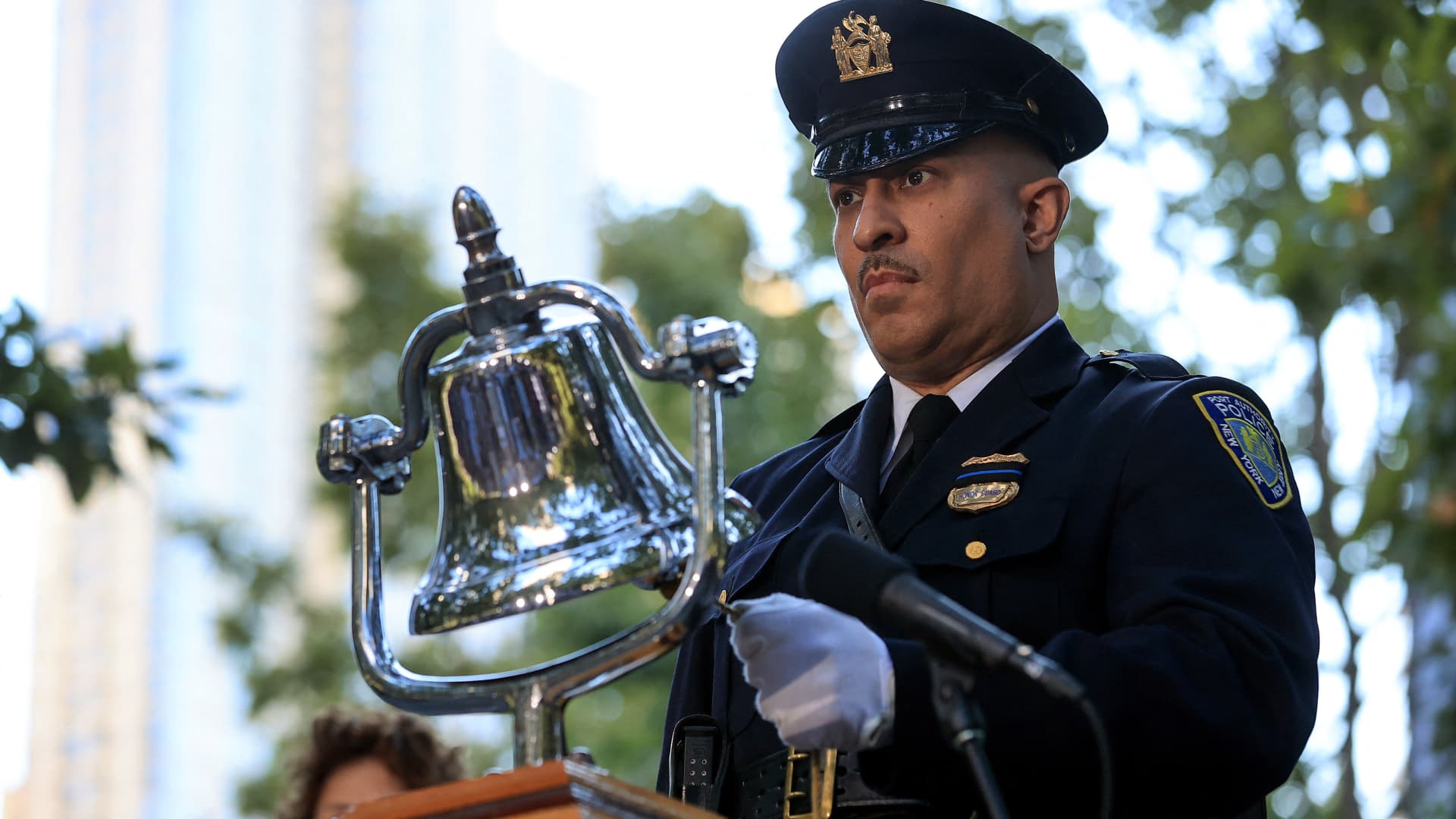 A bell is rung during a moment of silence during the annual 9/11 Commemoration Ceremony at the National 9/11 Memorial and Museum on September 11, 2021 in New York.