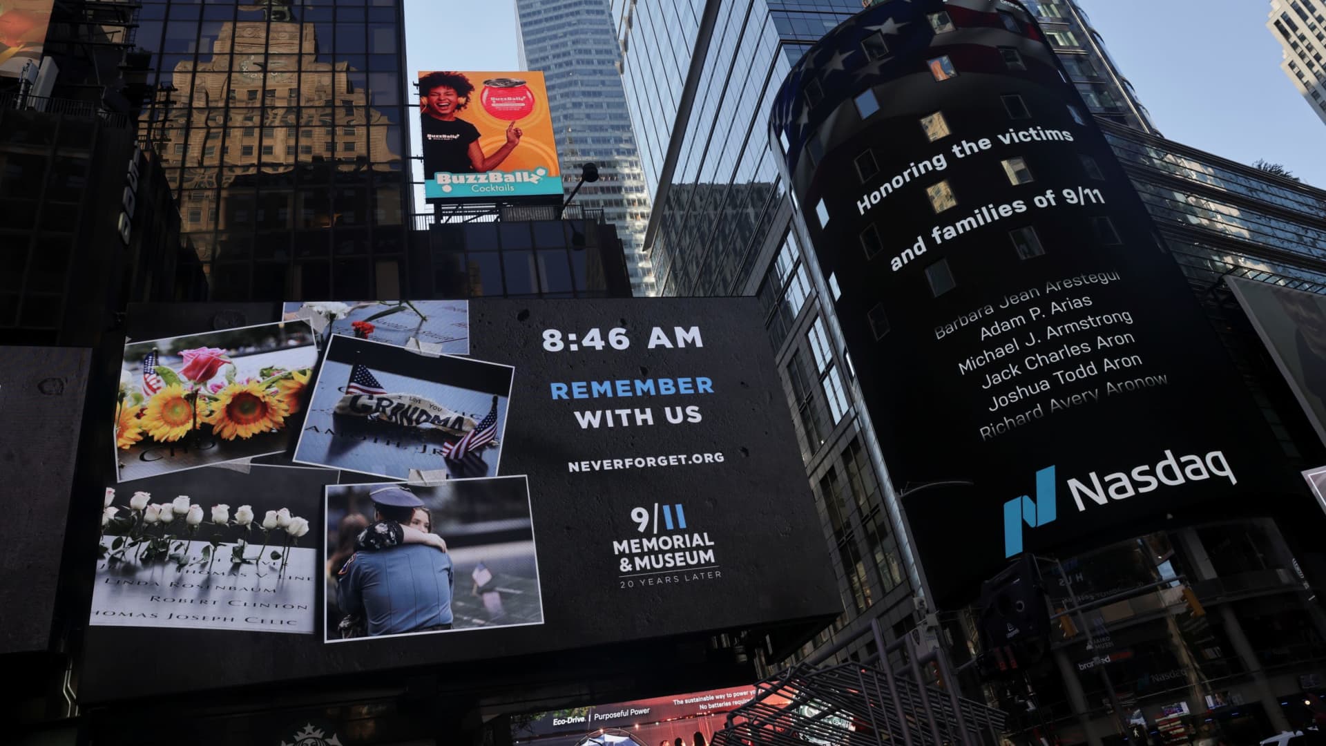 Names of victims of the 9/11 attacks are seen on a screen in Times Square during the 20th anniversary of the September 11, 2001 attacks in New York City, New York, U.S., September 11, 2021.