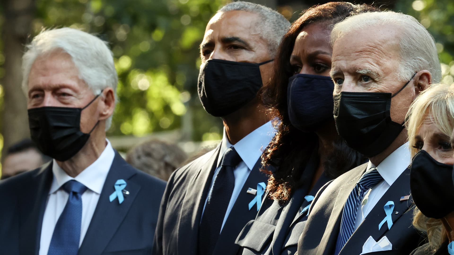 (L-R) Former President Bill Clinton, former President Barack Obama, former First Lady Michelle Obama, President Joe Biden, First Lady Jill Biden and former New York City Mayor Michael Bloomberg attend the annual 9/11 Commemoration Ceremony at the National 9/11 Memorial and Museum on September 11, 2021 in New York City.