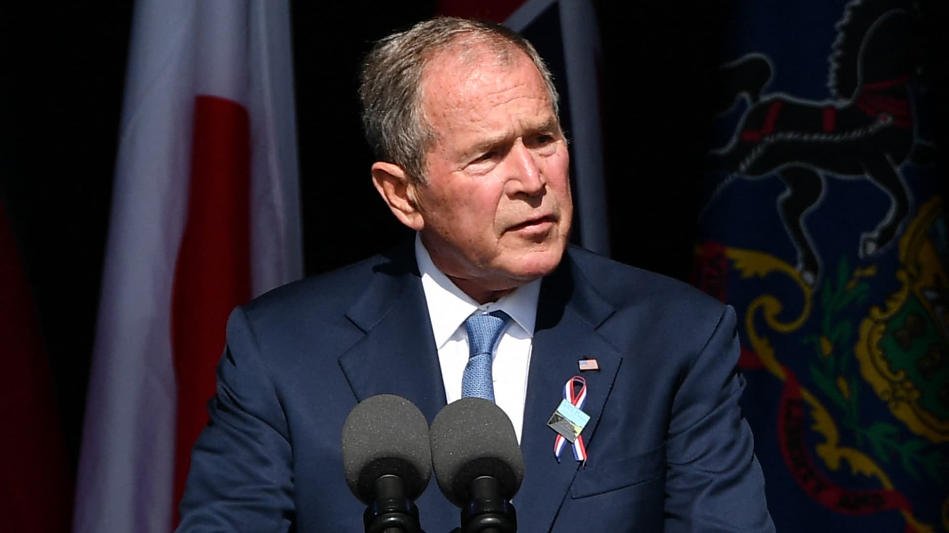 Former US President George W. Bush speaks during a 9/11 commemoration at the Flight 93 National Memorial in Shanksville, Pennsylvania on September 11, 2021.
