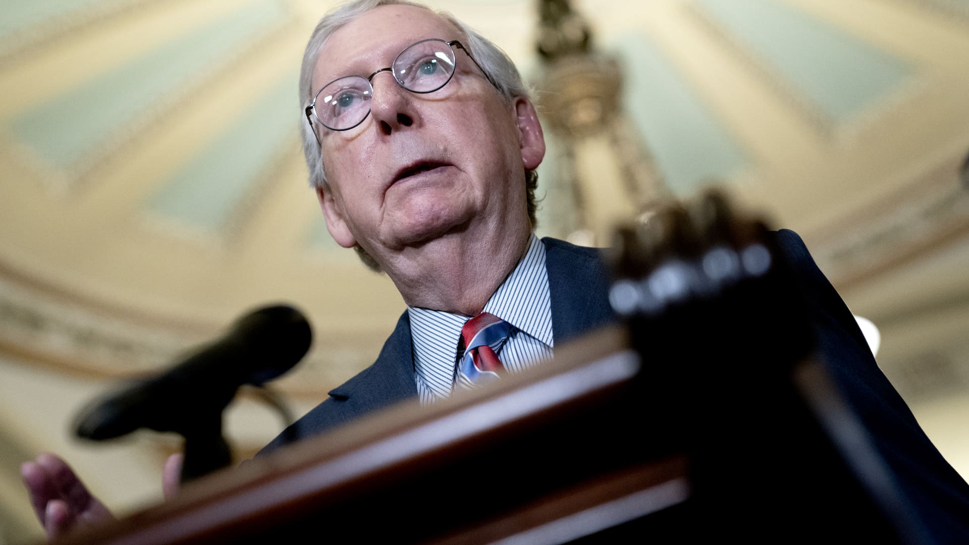 Senate Minority Leader Mitch McConnell, a Republican from Kentucky, speaks during a news conference following Senate Republican policy luncheons at the U.S. Capitol in Washington, D.C., on Tuesday, Sept. 14, 2021.