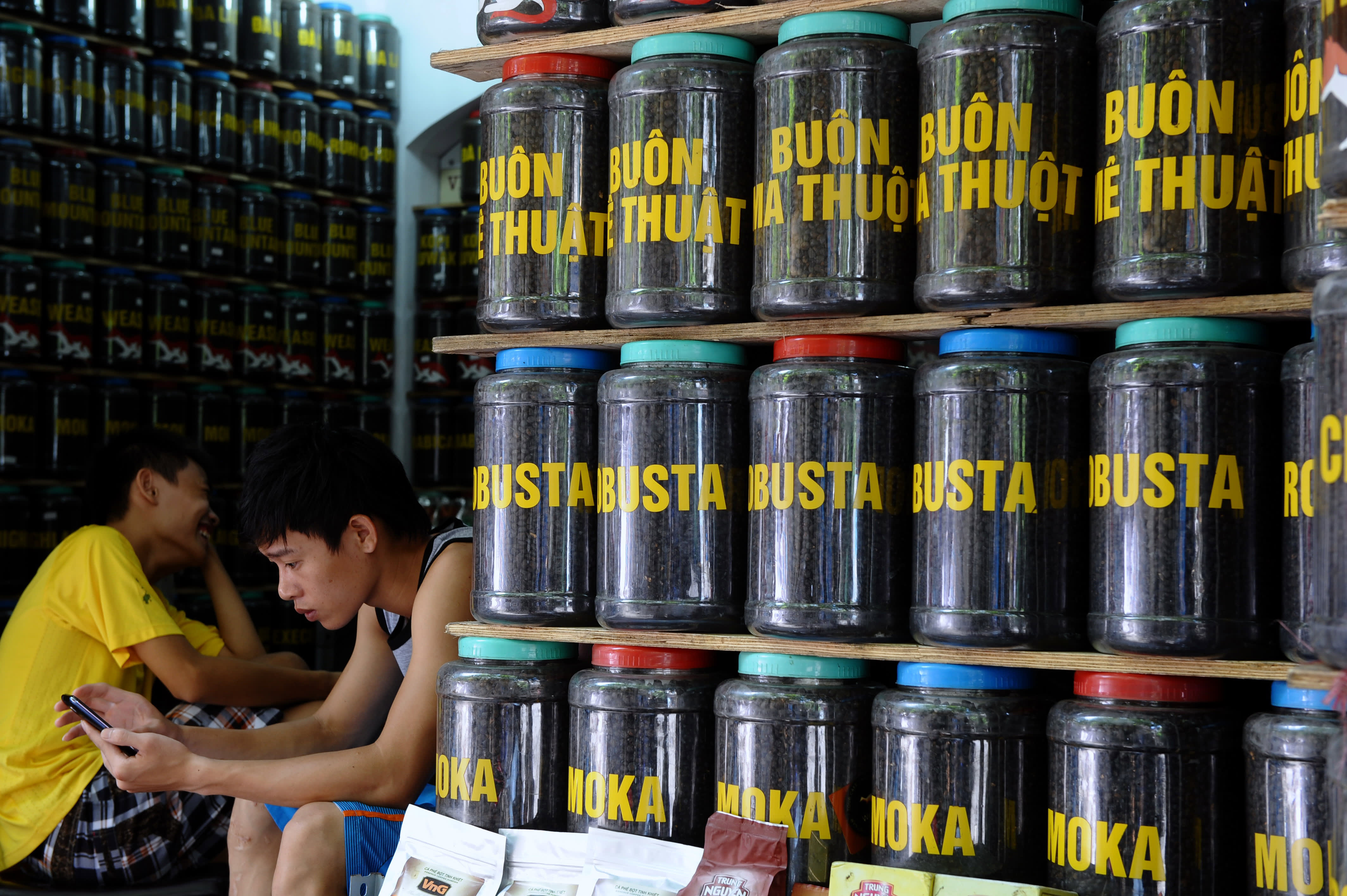 Pots of coffee bean are seen at a coffee shop in Hanoi, Vietnam on August 15, 2012. Vietnam is one of the world’s top coffee producers and exporters. Hoang Dinh Nam | AFP | Getty Images