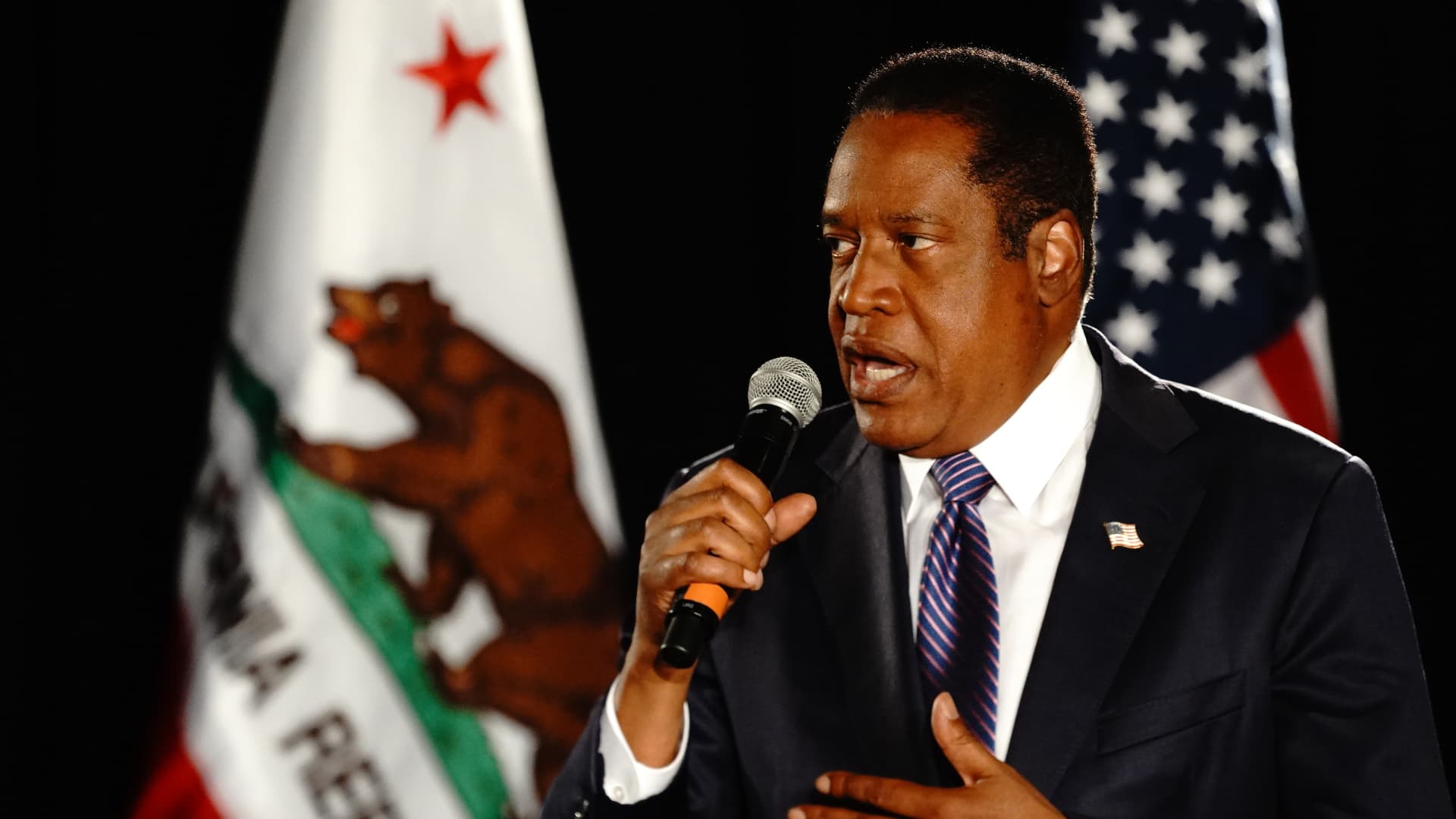 Larry Elder, Republican gubernatorial candidate for California, speaks at a campaign watch party after losing the gubernatorial recall election in Costa Mesa, California, U.S., on Tuesday, Sept. 14, 2021.