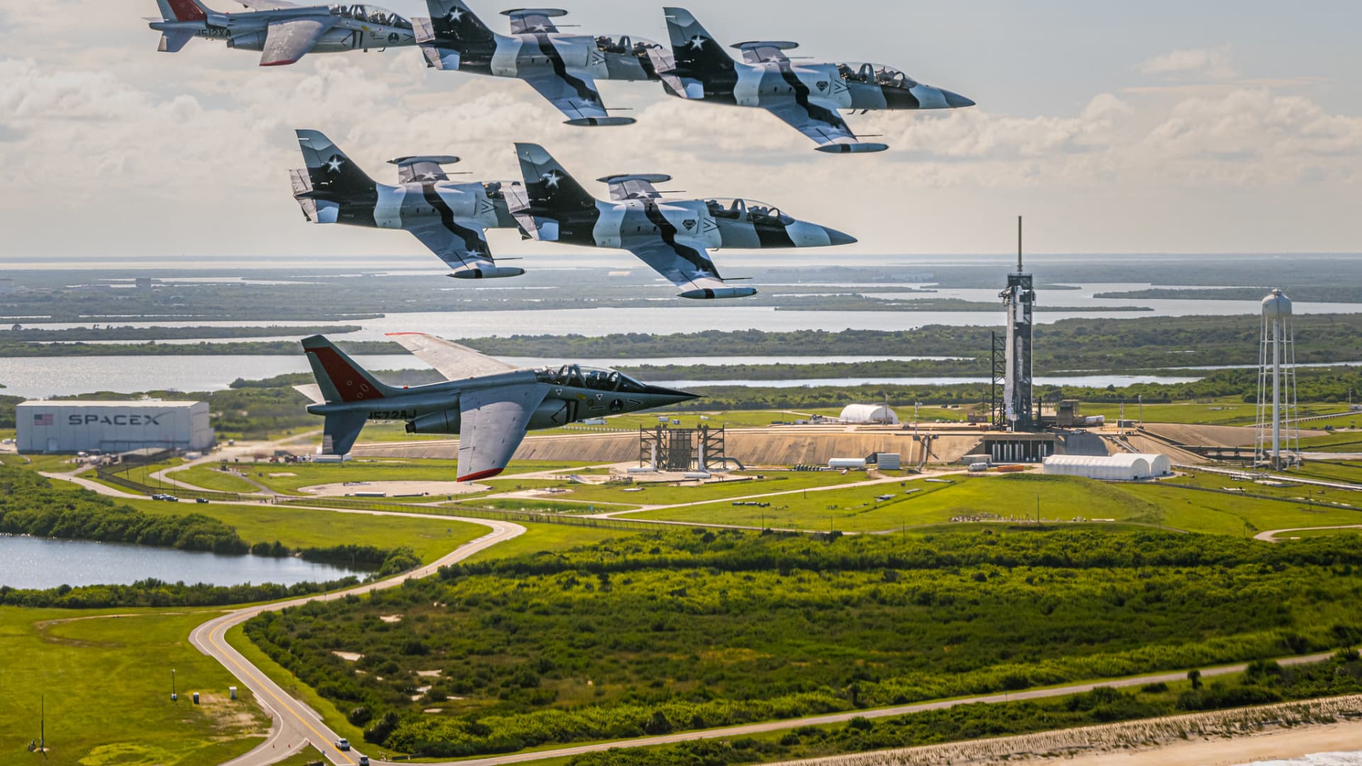 The Inspiration4 crew flies over Launch Complex 39A at NASA's Kennedy Space Center on September 13, 2021.