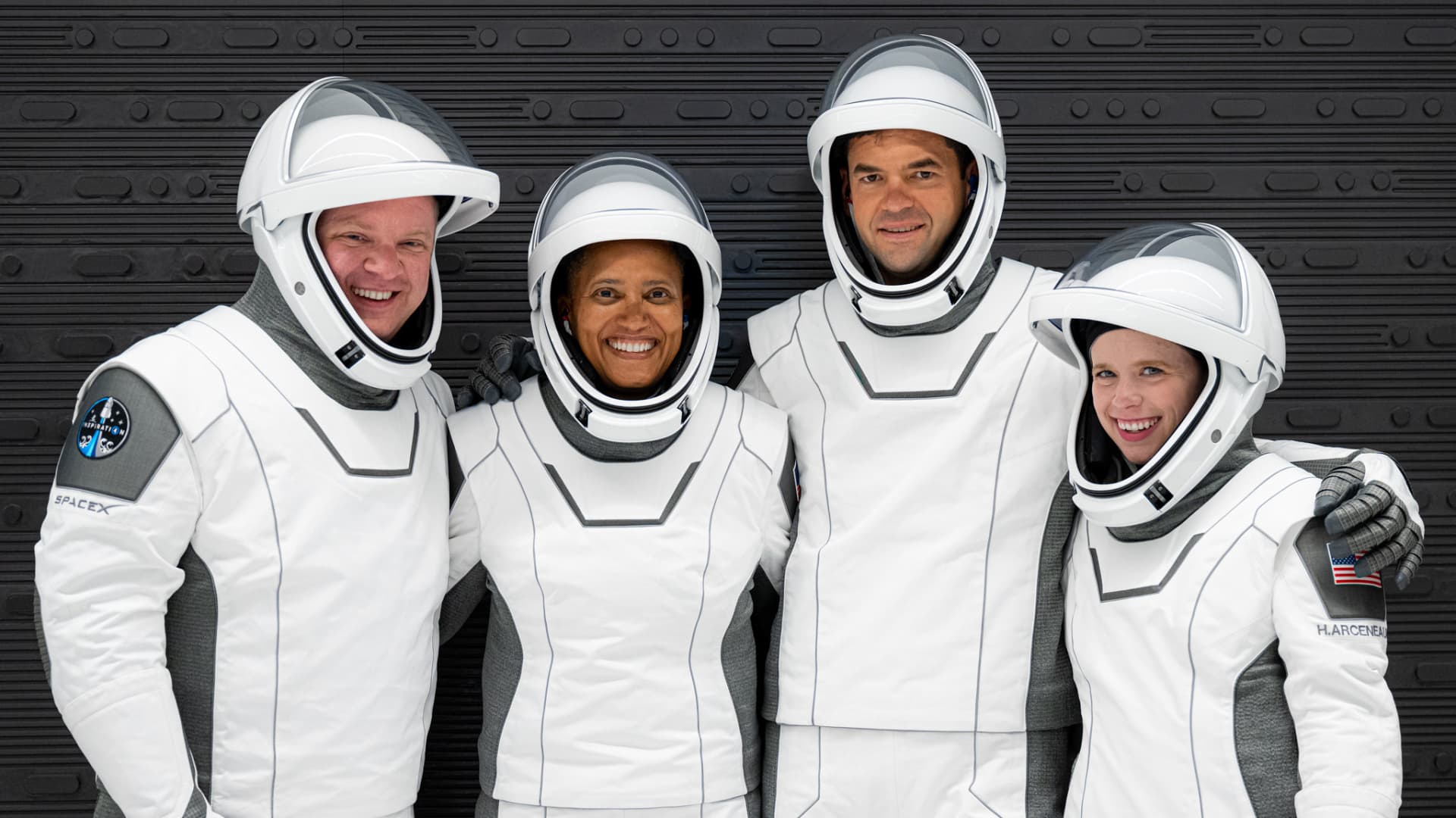 The Inspiration4 crew in their SpaceX spacesuits, from left: Chris Sembroski, Dr. Sian Proctor, Jared Isaacman, and Hayley Arceneaux