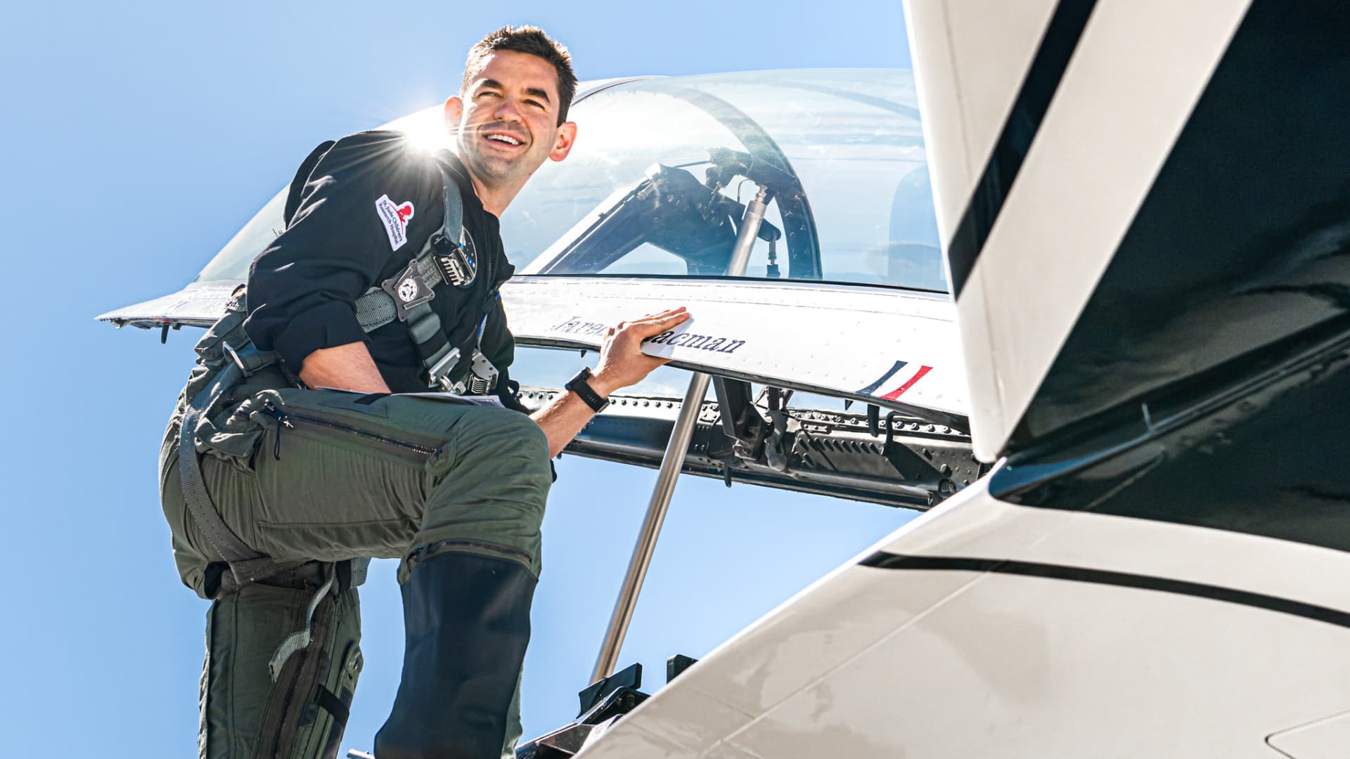 Jared Isaacman boards a U.S. Air Force Thunderbirds fighter jet during a flight on April 9, 2021.