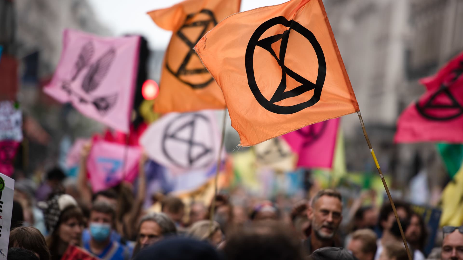 Activists march with flags and placards, during the march at Extinction Rebellion's Nature Protest held in Central London about how nature is in crisis.