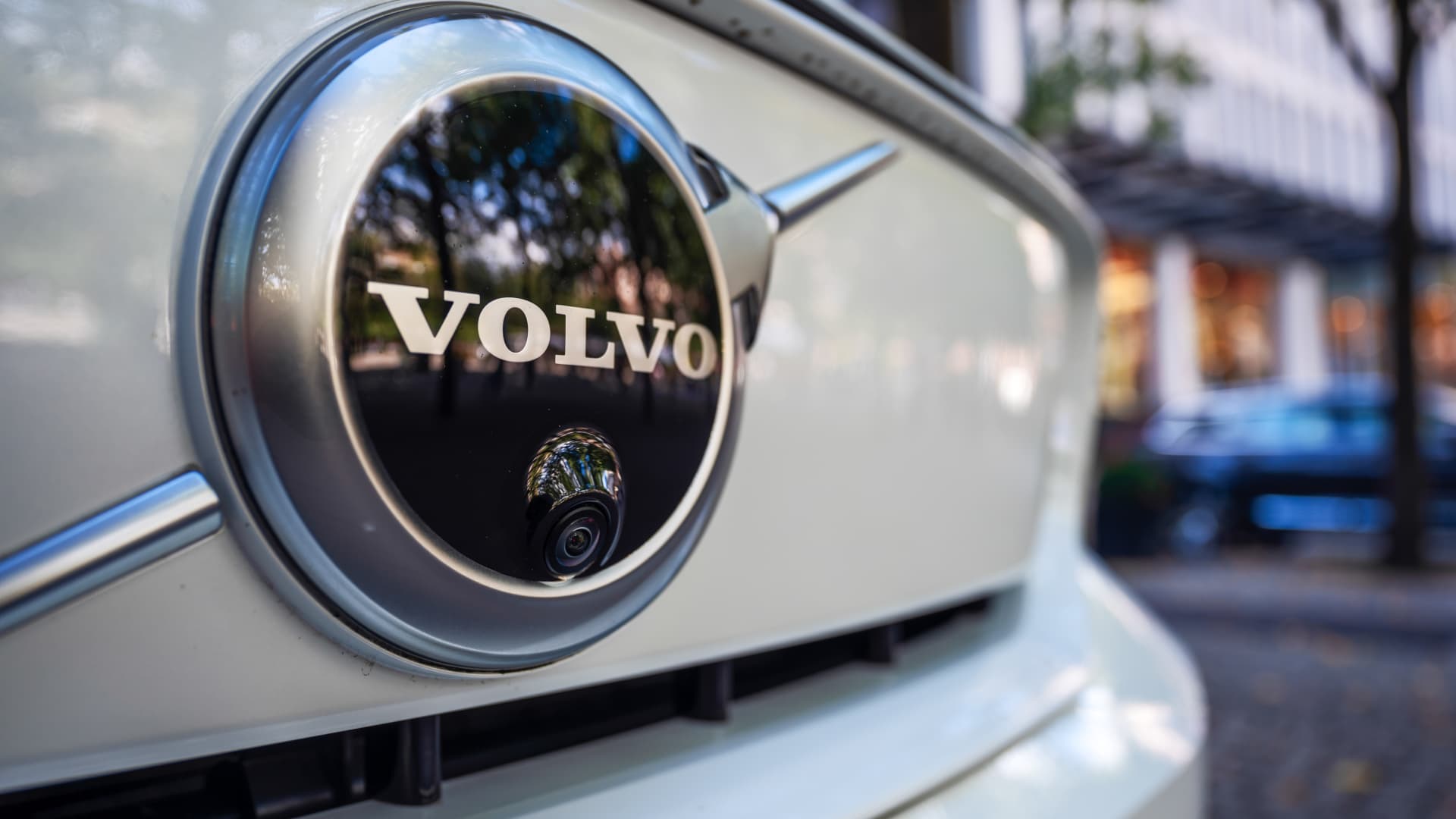 A Volvo badge and parking-assist camera on the grille of an automobile at a Volvo Cars AB dealership in Stockholm, Sweden, on Thursday, Aug. 19, 2021.