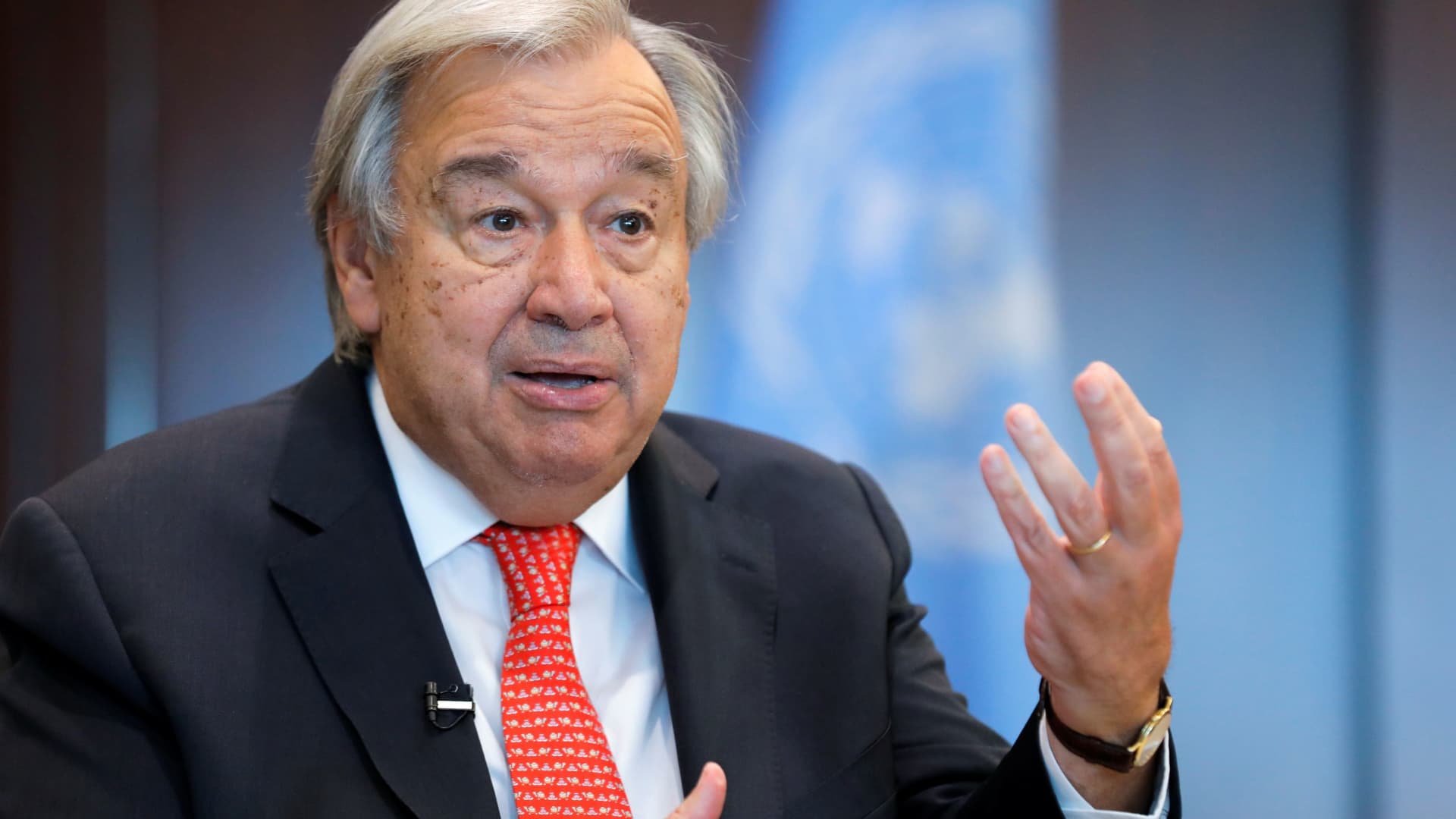 United Nations Secretary-General Antonio Guterres gestures during an interview with Reuters at the United Nations Headquarters in Manhattan, New York, September 15, 2021.