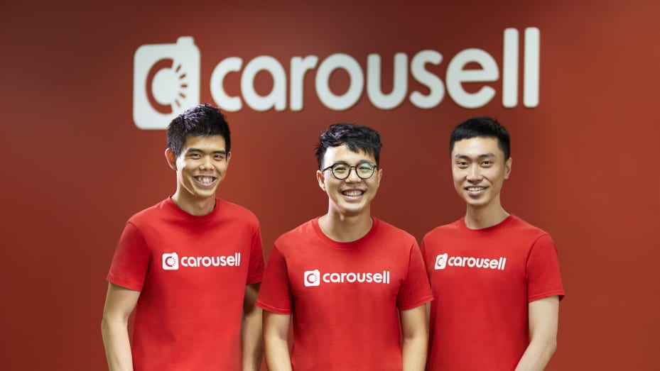 An image of Carousell co-founders Siu Rui Quek, Marcus Tan and Lucas Ngoo standing together.