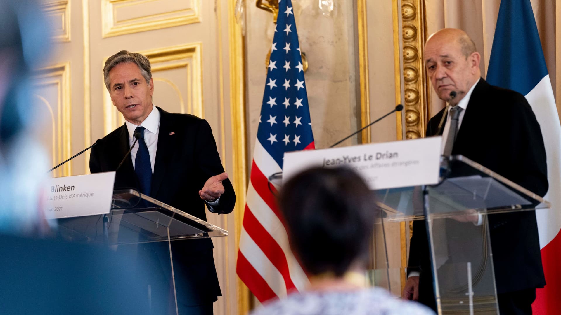 US Secretary of State Antony Blinken (L) and French Foreign Affairs Minister Jean-Yves Le Drian hold a joint press conference at the French Ministry of Foreign Affairs in Paris, on June 25, 2021.