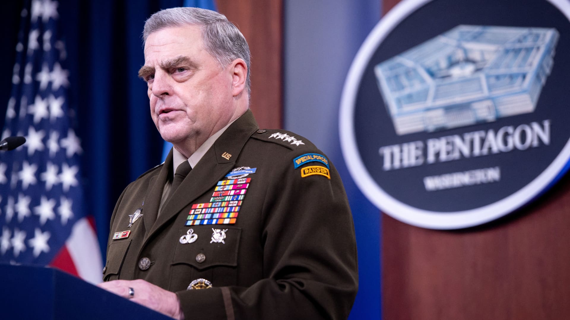 US Army General Mark Milley, Chairman of the Joint Chiefs of Staff, holds a press briefing about the US military drawdown in Afghanistan, at the Pentagon in Washington, DC September 1, 2021.