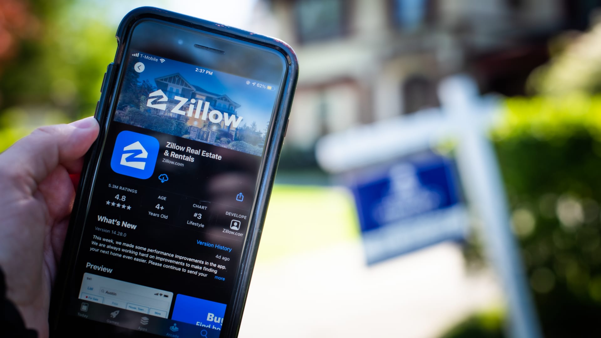 The Zillow app on a mobile phone arranged in Dobbs Ferry, New York, U.S., on Saturday, May 1, 2021.