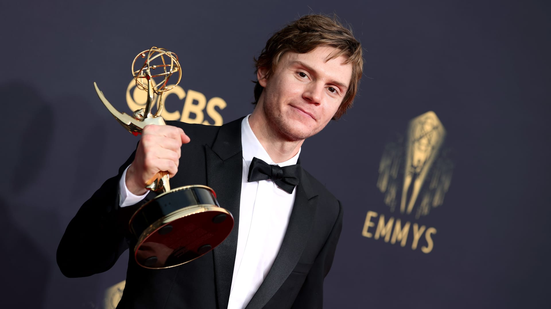 Evan Peters, winner of the Outstanding Supporting Actor In A Limited Or Anthology Series Or Movie award for ‘Mare Of Easttown,’ poses in the press room during the 73rd Primetime Emmy Awards at L.A. LIVE on September 19, 2021 in Los Angeles, California.