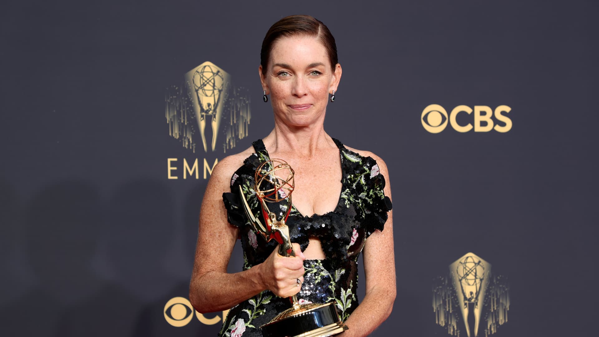 Julianne Nicholson, winner of the Outstanding Supporting Actress In A Limited Or Anthology Series Or Movie award for ‘Mare Of Easttown,’ poses in the press room during the 73rd Primetime Emmy Awards at L.A. LIVE on September 19, 2021 in Los Angeles, California.