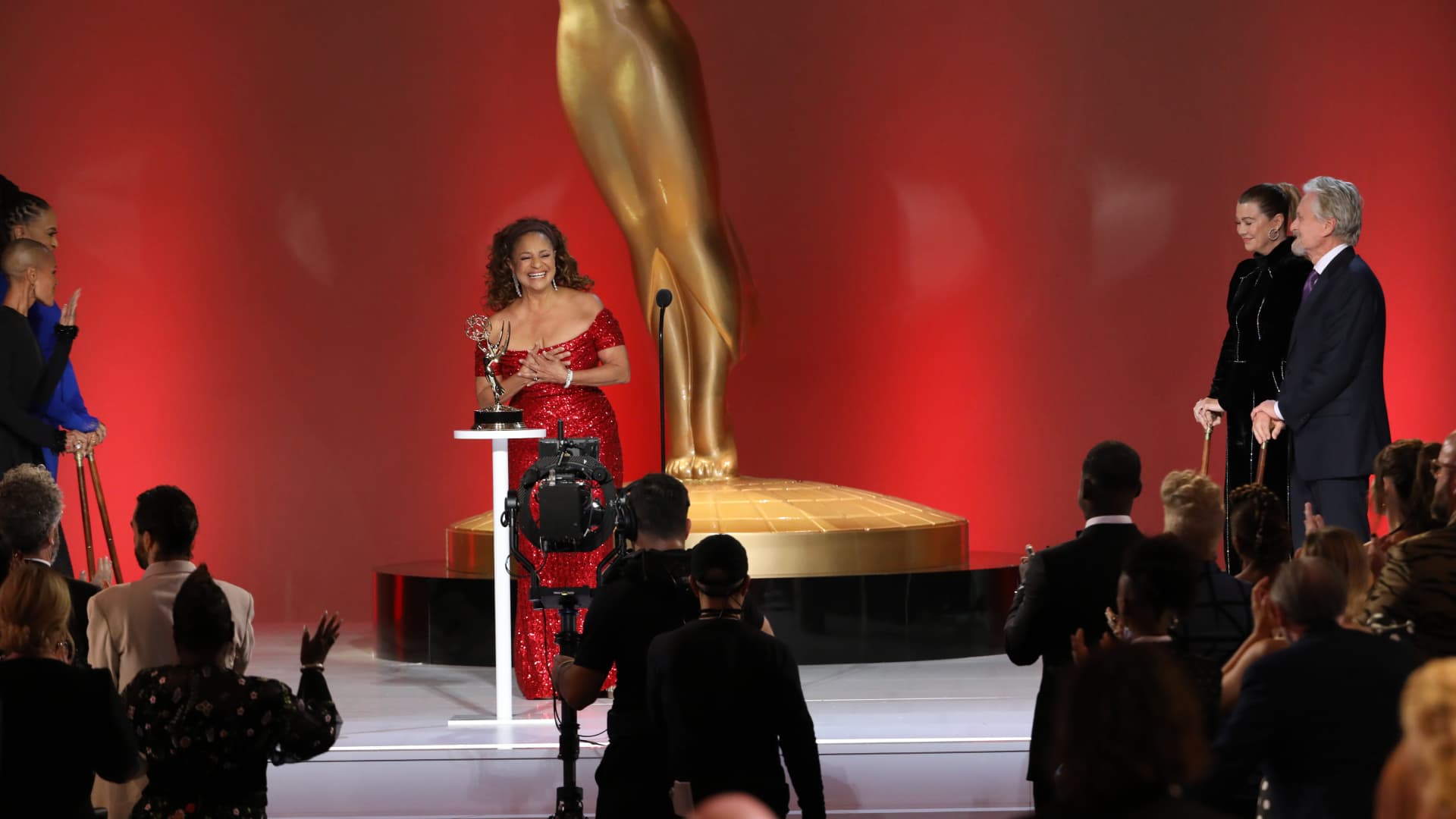 Jada Pinkett Smith, Ava DuVernay, Debbie Allen, Ellen Pompeo, and Michael Douglas appear at the 73rd Emmy Awards.