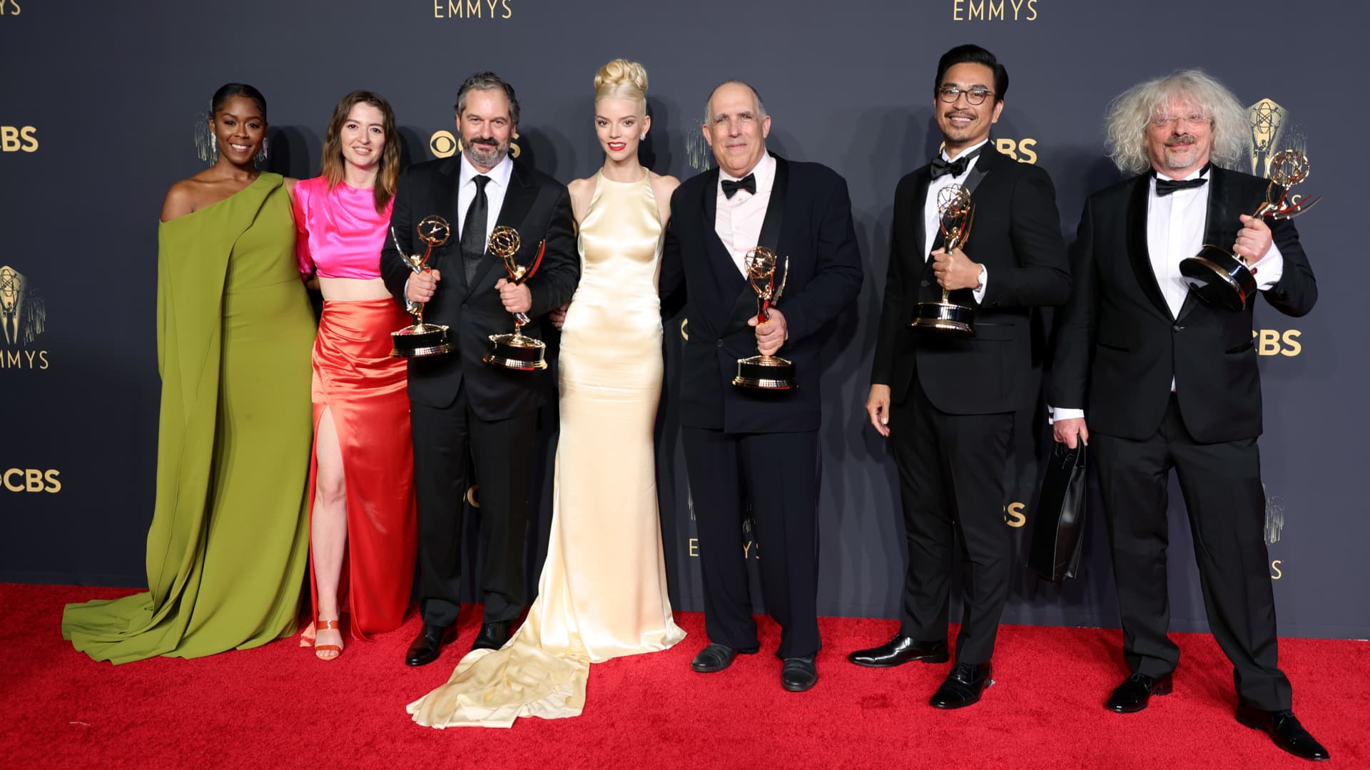 (L-R) Moses Ingram, Marielle Heller, Scott Frank, Anya Taylor-Joy, William Horberg, Mick Aniceto, and Marcus Loges, winners of the Outstanding Limited Or Anthology Series award for ‘The Queen's Gambit,' pose in the press room during the 73rd Primetime Emmy Awards at L.A. LIVE on September 19, 2021 in Los Angeles, California.