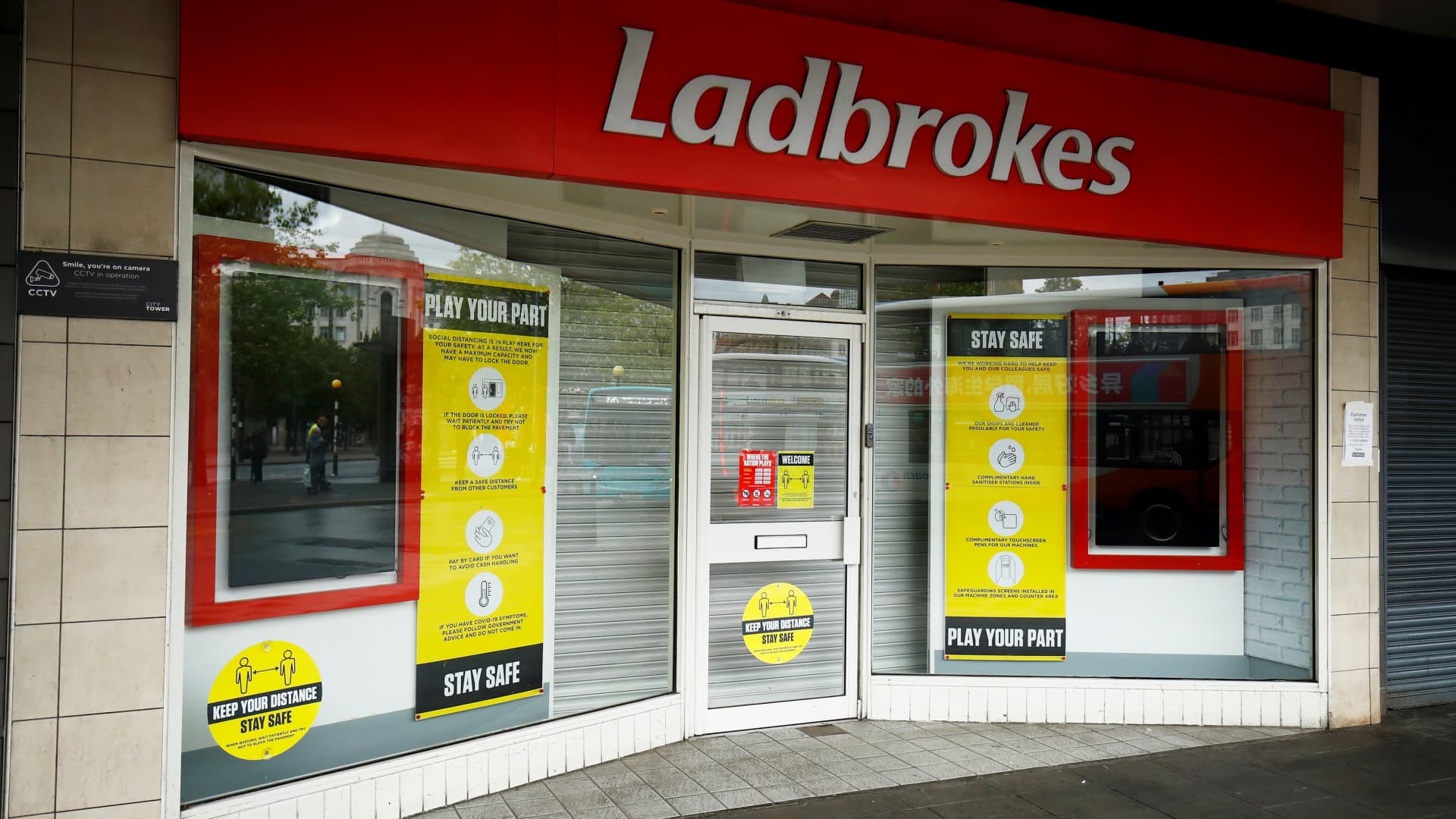 A closed Ladbrokes is seen in Manchester, following the outbreak of the coronavirus disease (COVID-19), Manchester, Britain, June 12, 2020.