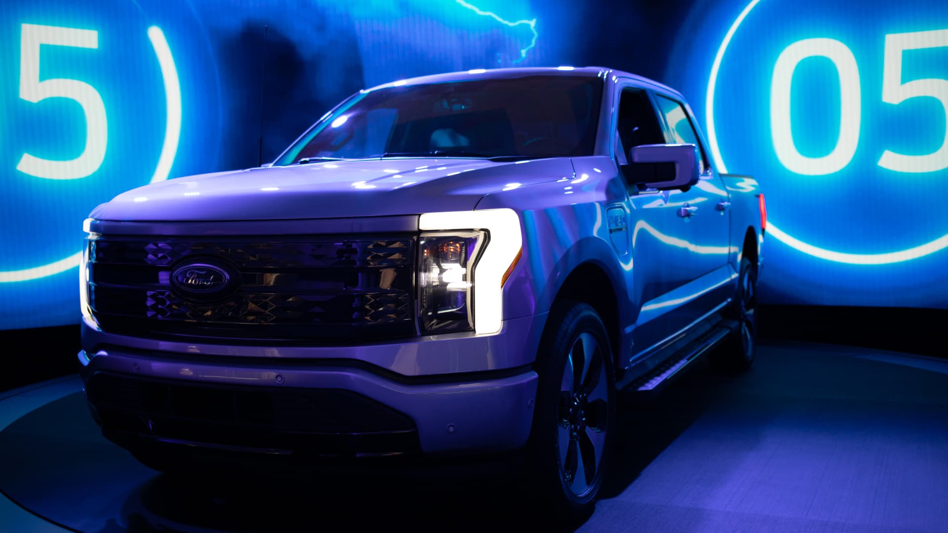 The all-electric Ford F-150 Lightning truck during an augmented reality presentation at the Motor Bella Auto Show in Pontiac, Michigan, on Tuesday, Sept. 21, 2021.