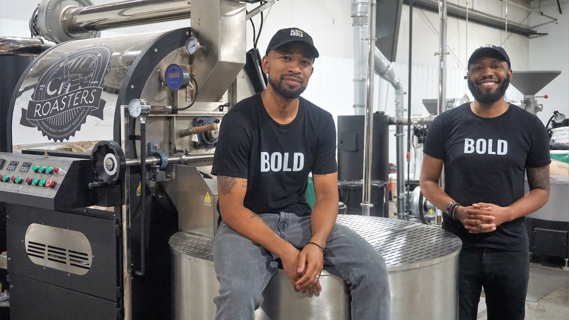 Pernell Cezar and Rod Johnson, the founders of BLK & Bold, in their company's Des Moines, Iowa roasting facility.