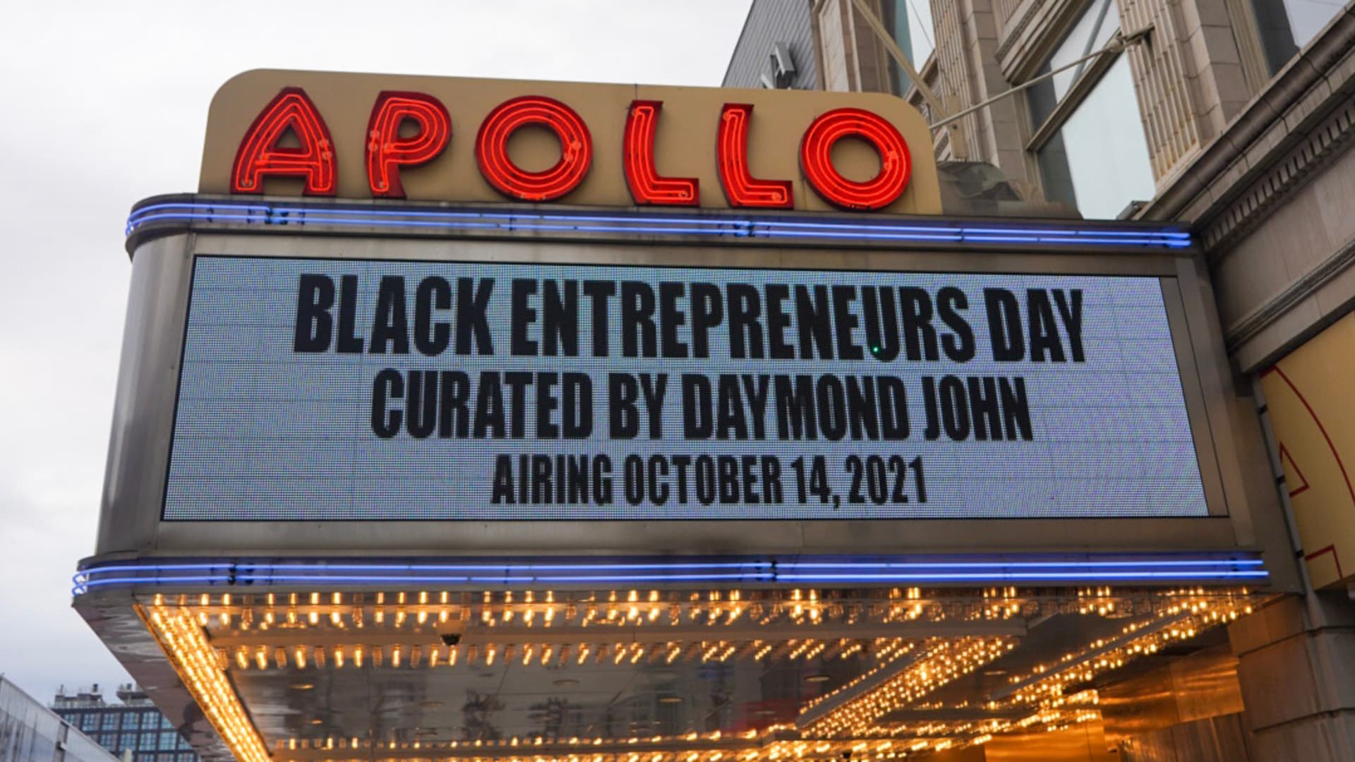 The marquee of the Apollo Theatre in Harlem, N.Y. displays a promotion for 'Black Entrepreneurs Day.'