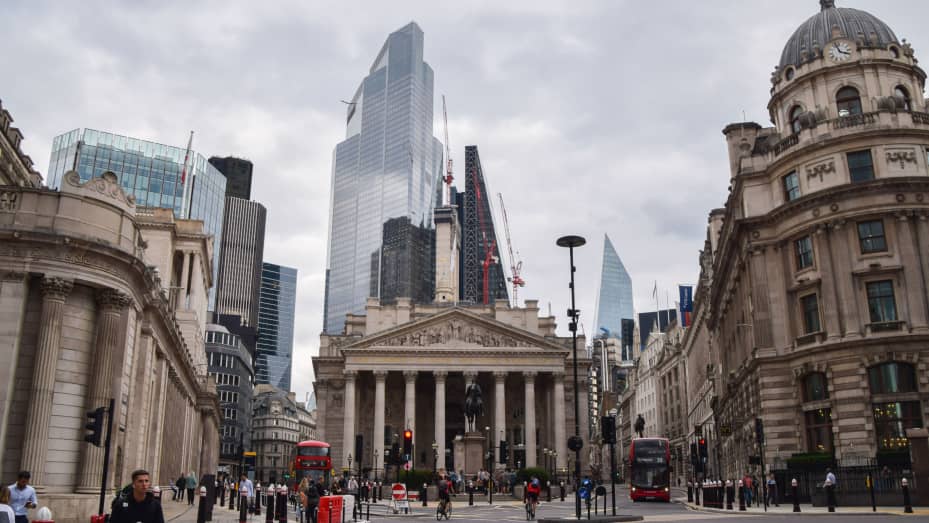 General view of The Royal Exchange, Bank of England and City of London on an overcast day.