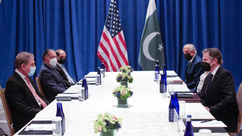 U.S. Secretary of State Antony Blinken meets with Pakistani Foreign Minister Shah Mahmood Qureshi on September 23, 2021, on the sidelines of the 76th UN General Assembly in New York.