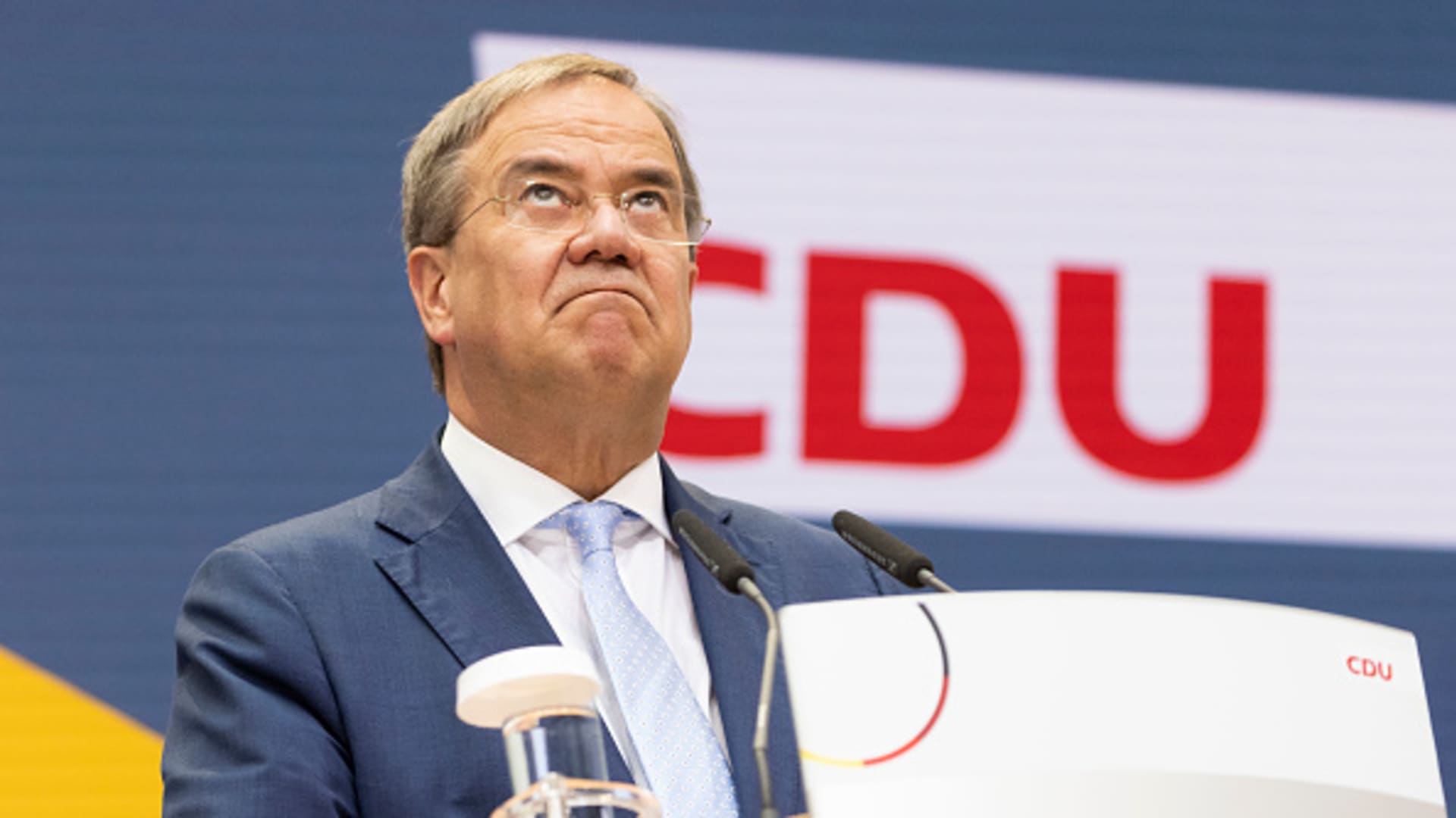 Armin Laschet, chancellor candidate of the Christian Democrats (CDU/CSU) union, speaks at the press conference at CDU headquarters the day after federal elections on September 27, 2021 in Berlin, Germany.